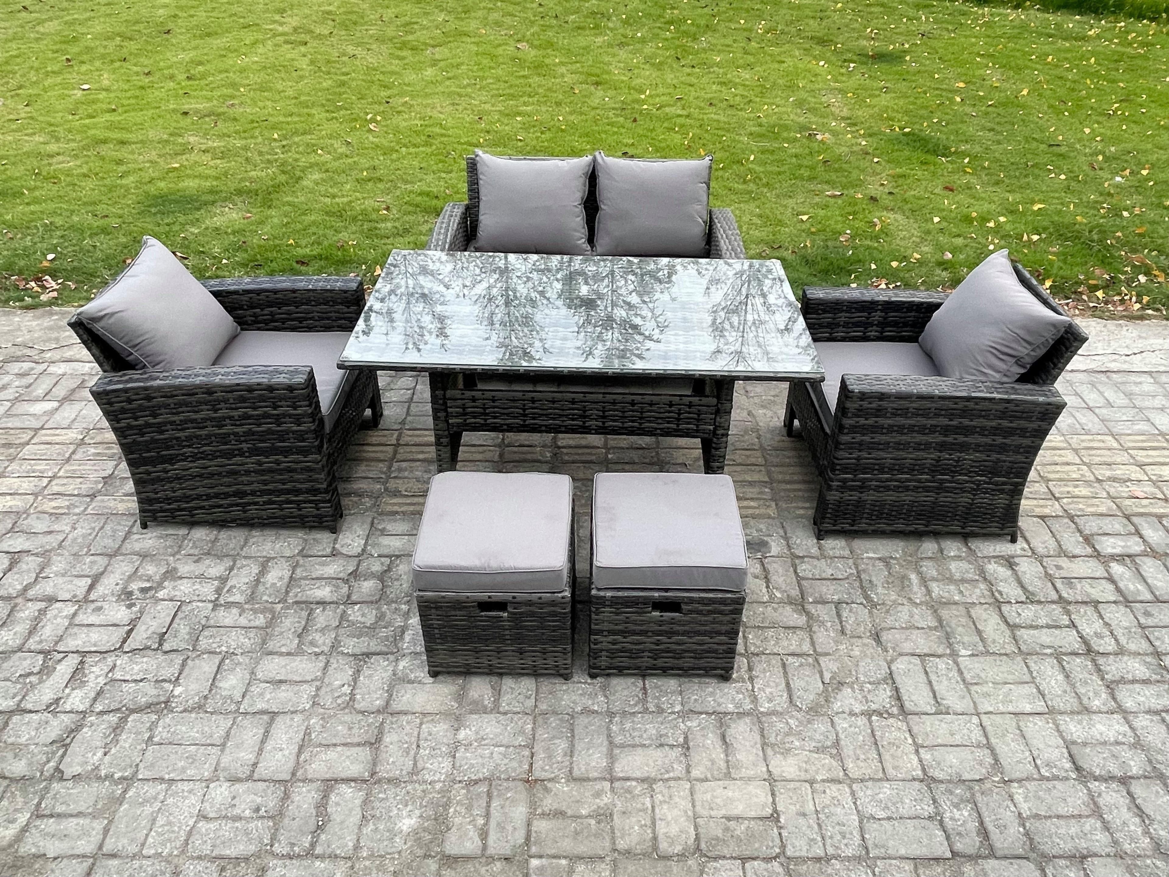 6 Seater Outdoor Garden Furniture Set Patio Furniture Rattan Rectangular Dining Table Lounge Sofa
