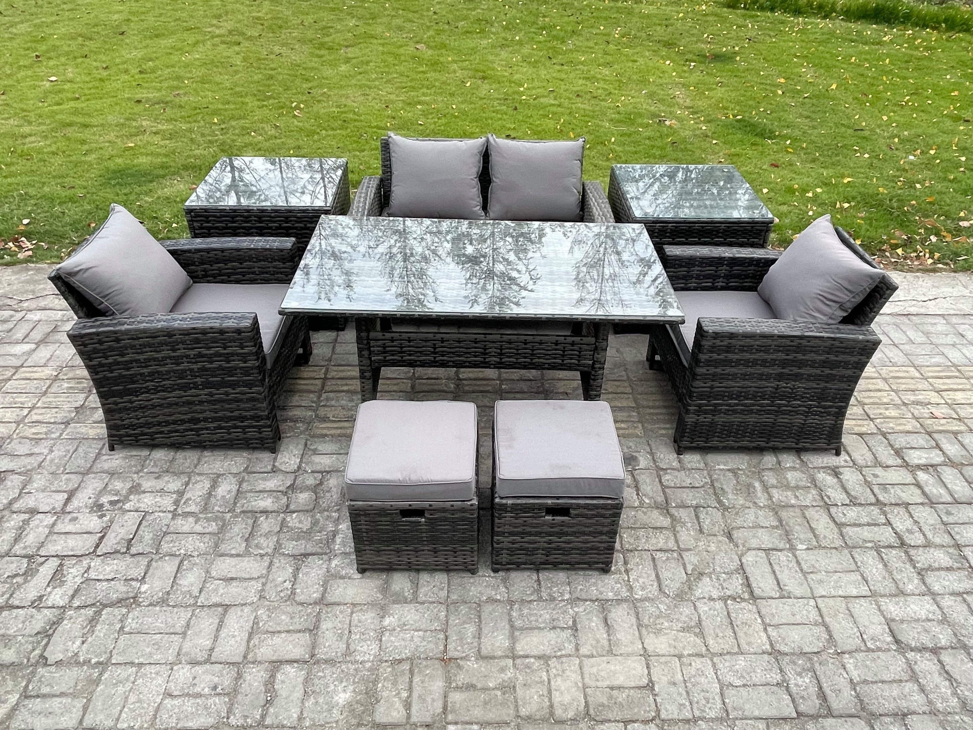 6 Seater PE Wicker Outdoor Garden Furniture Set Patio Furniture Rattan Rectangular Dining Table Lounge Sofa