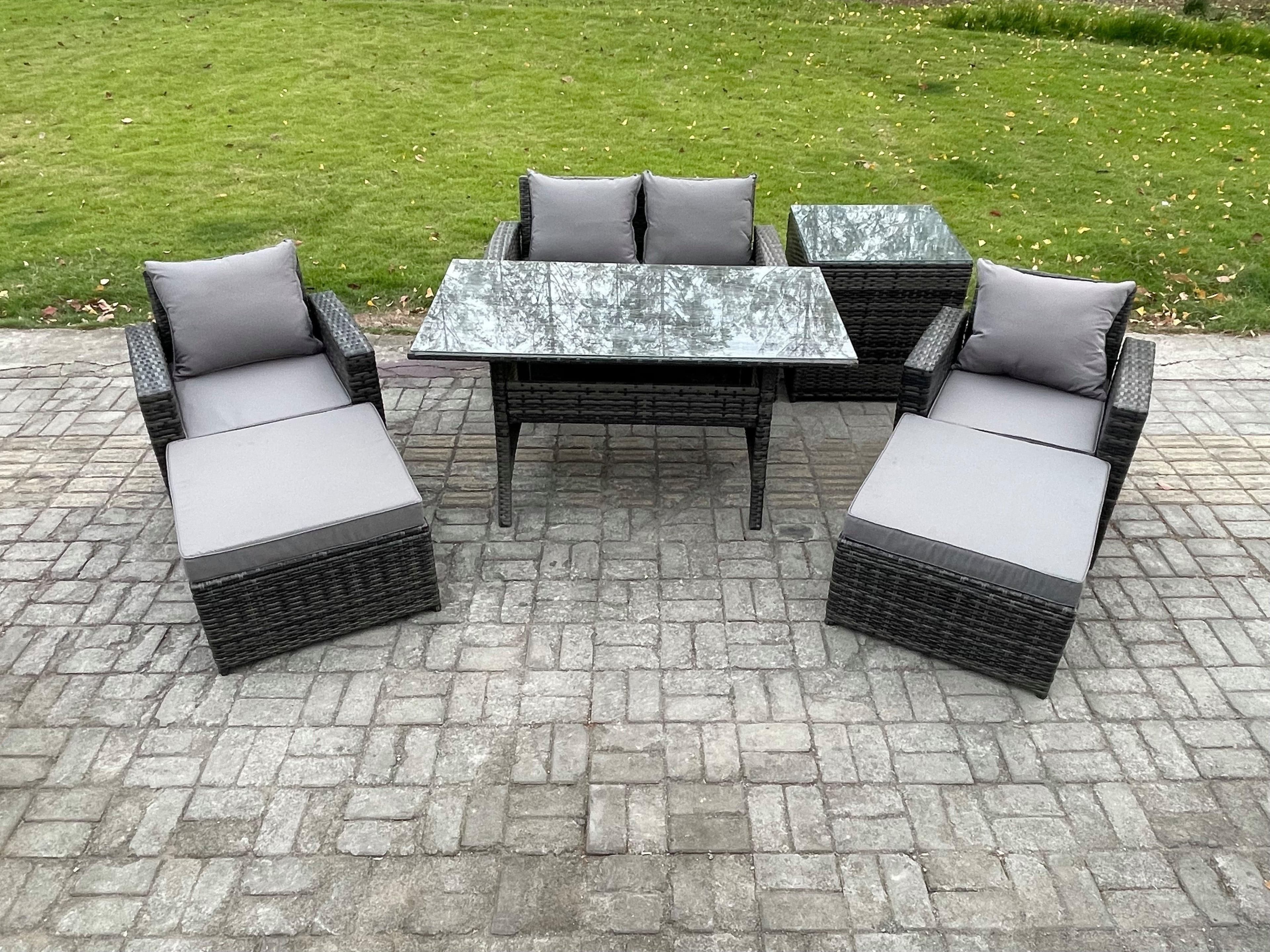 Outdoor Lounge Sofa Garden Furniture Set Rattan Rectangular Dining Table Double Seat Sofa Armchair 2 Big Footstool