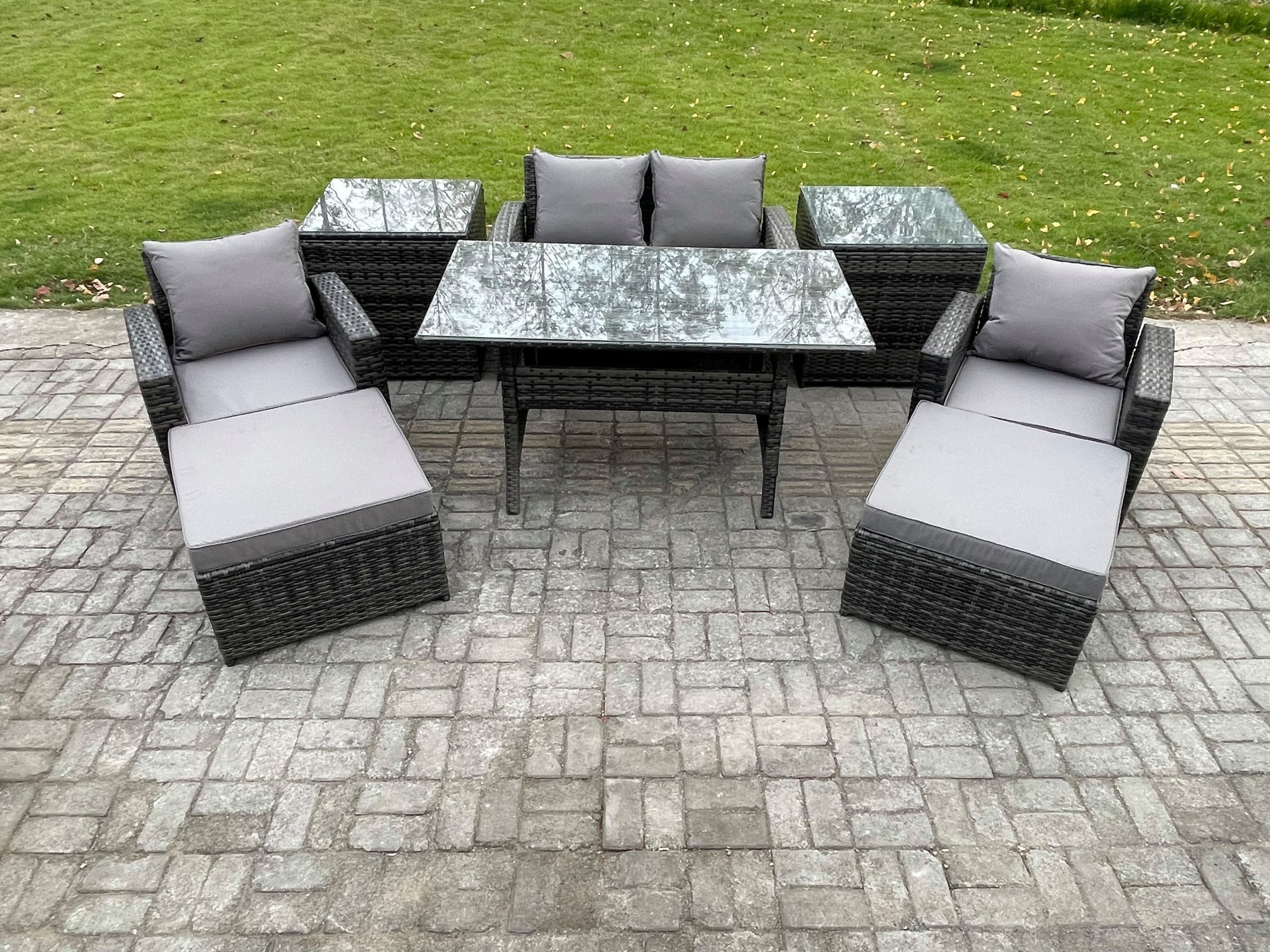 Outdoor Lounge Sofa Garden Furniture Set Rattan Rectangular Dining Table Double Seat Sofa Armchair 2 Side Tables