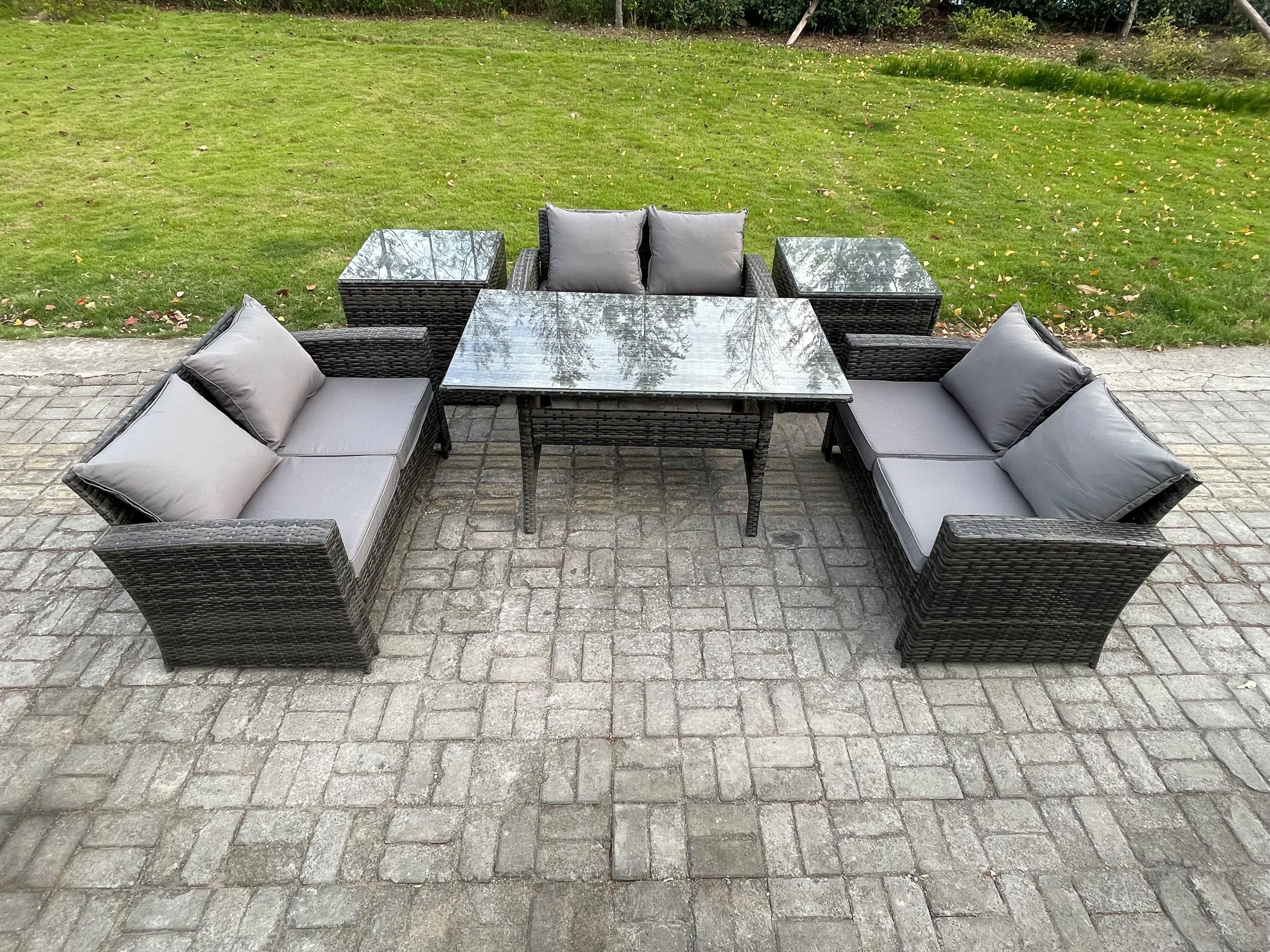 6 Seater Wicker PE Rattan Garden Furniture Sets Outdoor Lounge Sofa Set Oblong Dining Table Double Seat Sofa