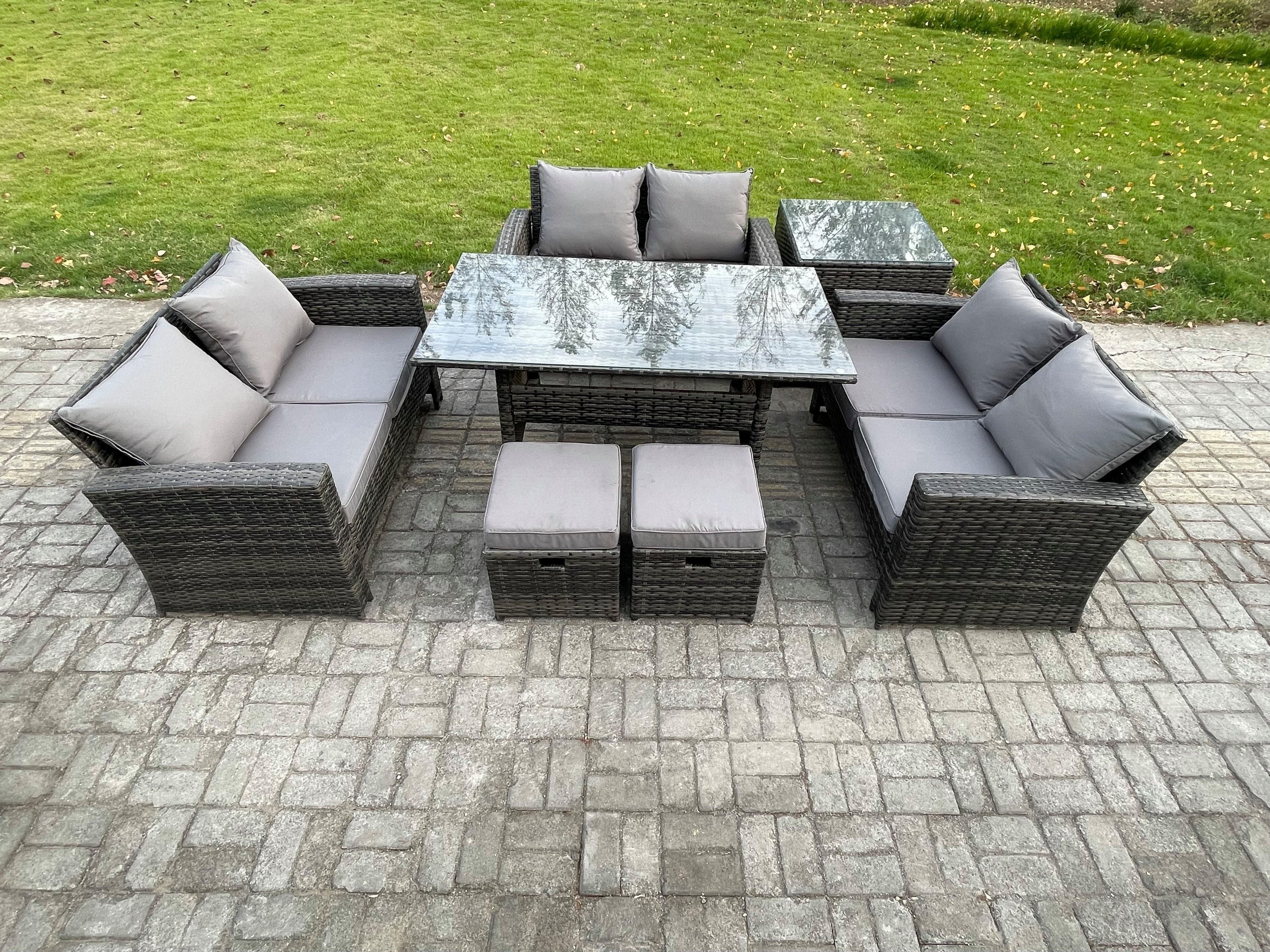 Wicker PE Rattan Garden Furniture Sets Outdoor Lounge Sofa Set Oblong Dining Table Double Seat Sofa Side Table