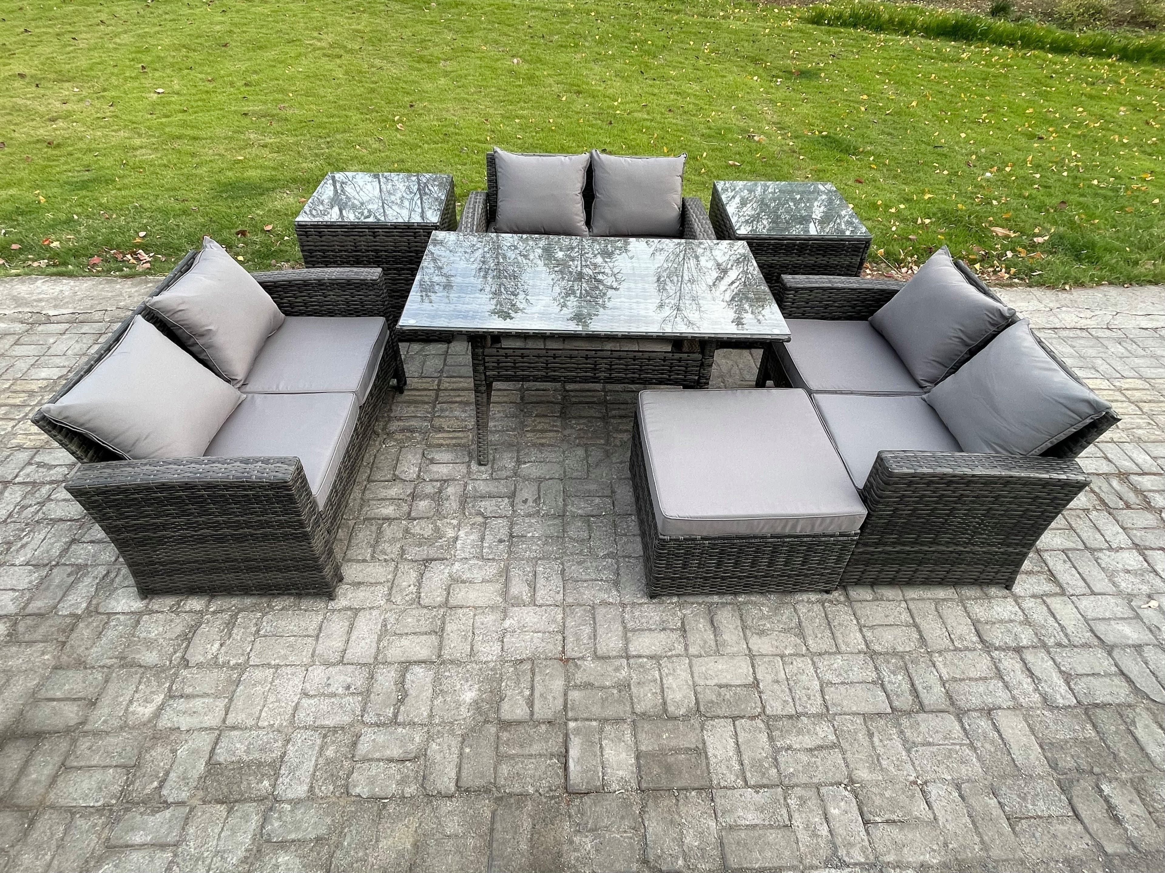 Wicker PE Rattan Garden Furniture Sets Outdoor Lounge Sofa Set Oblong Dining Table Double Seat Sofa 2 Side Tables