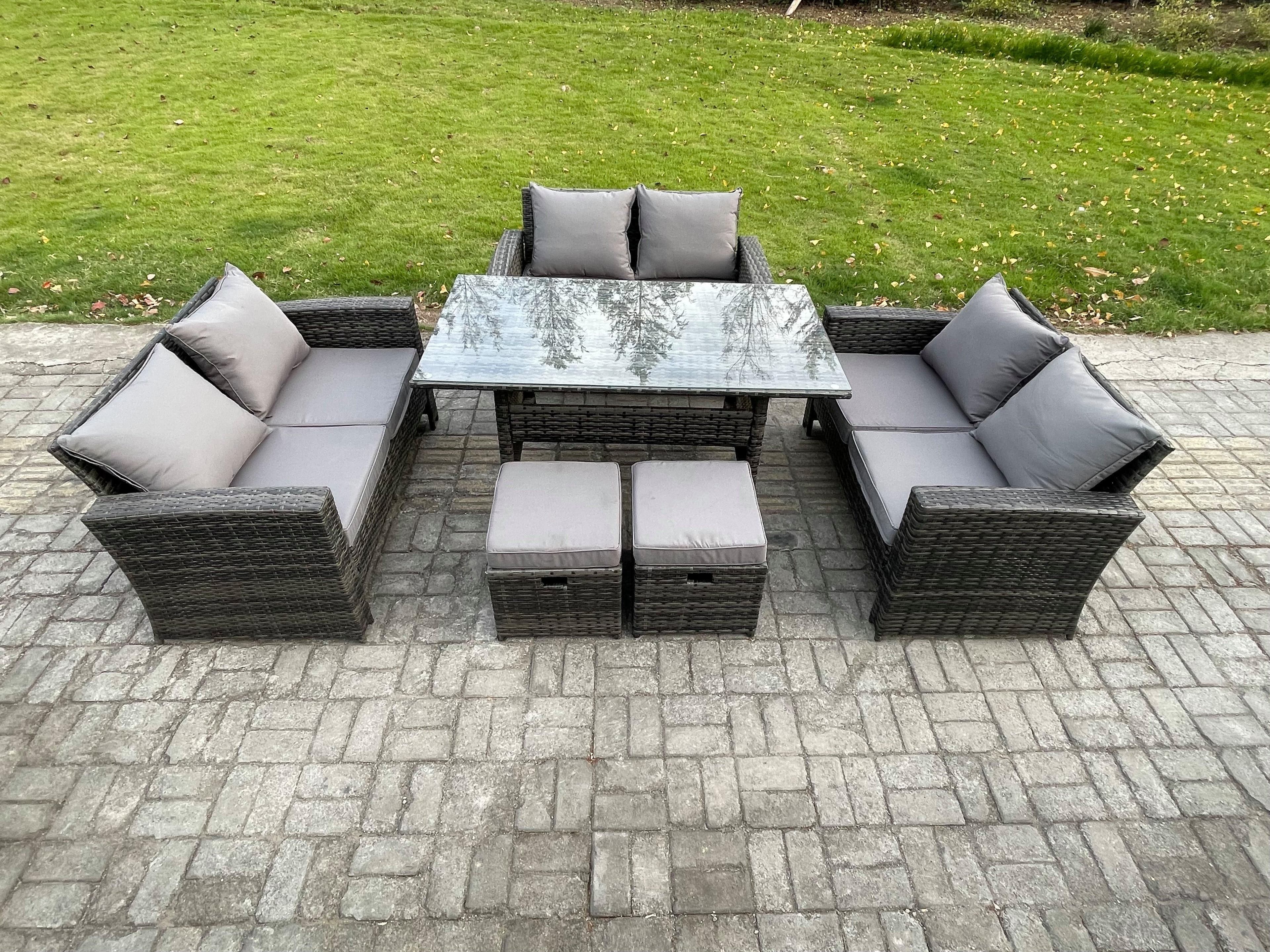 Wicker PE Rattan Garden Furniture Sets Outdoor Lounge Sofa Set Oblong Dining Table Double Seat Sofa Dark Grey Mixed
