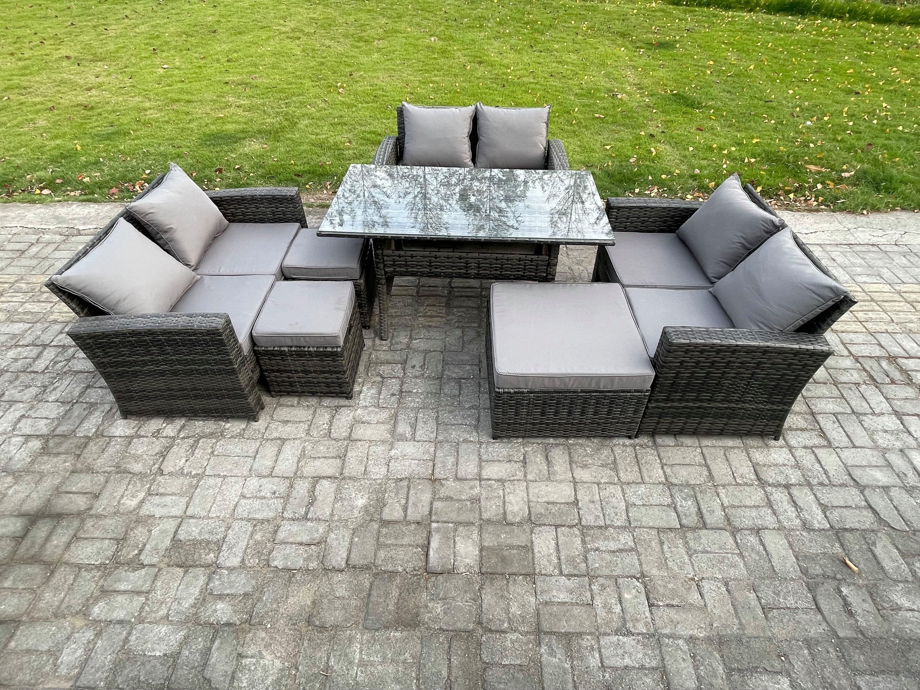 Wicker PE Rattan Garden Furniture Sets Outdoor Lounge Sofa Set Oblong Dining Table Double Seat Sofa 3 Footstools