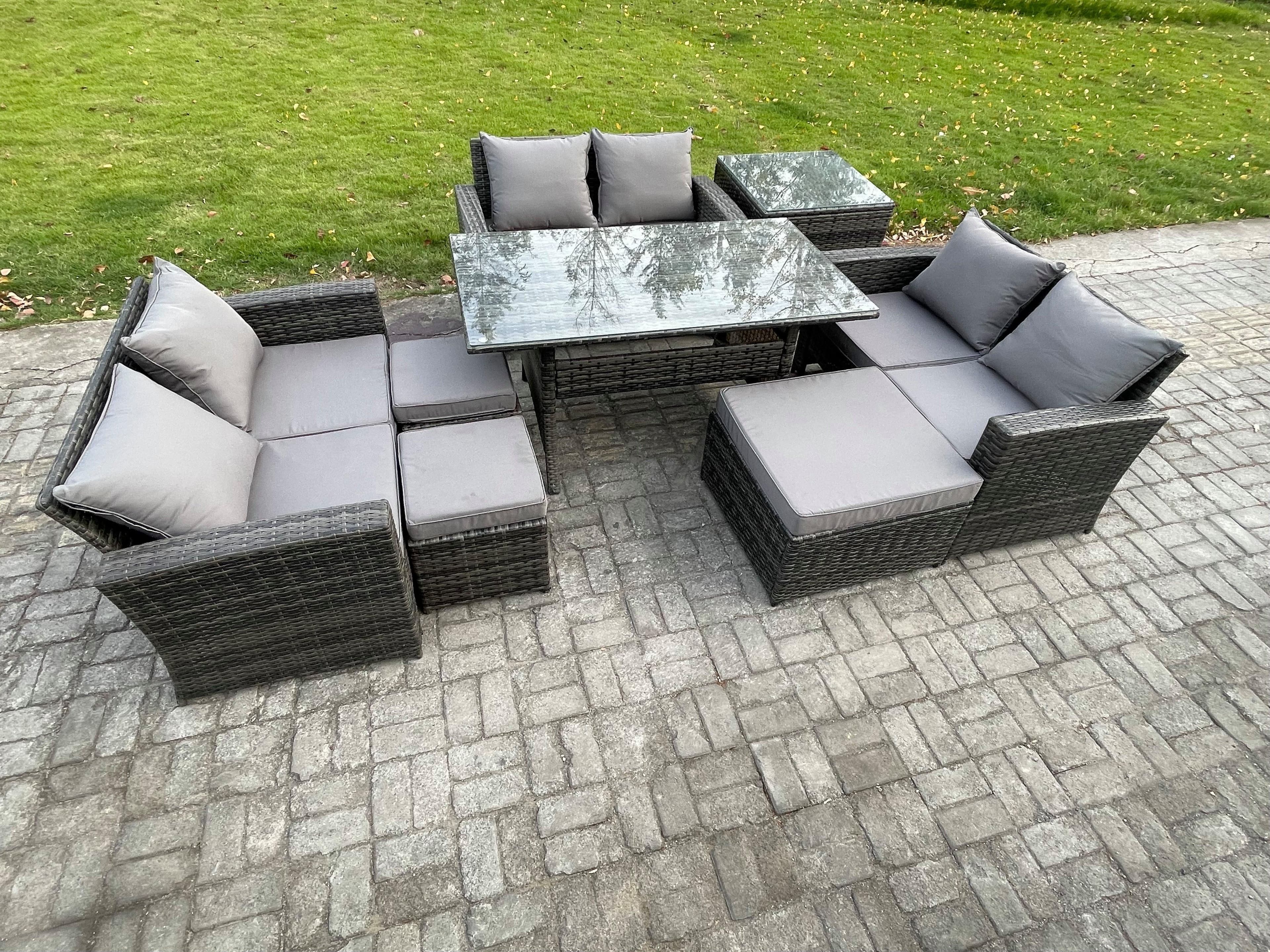 Wicker Rattan Garden Furniture Sets Outdoor Lounge Sofa Set Oblong Dining Table Double Seat Sofa Dark Grey Mixed