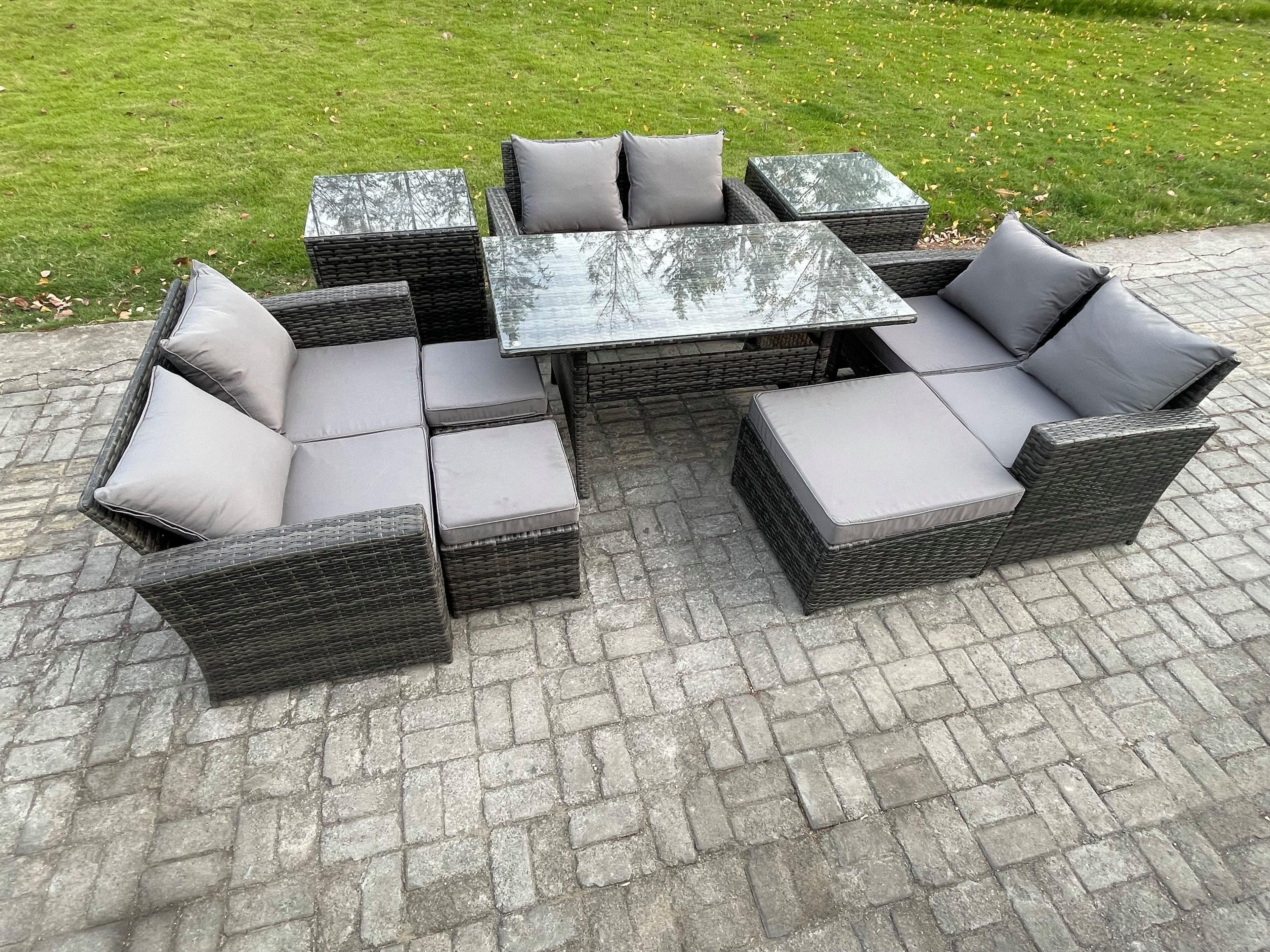 9 Seater Wicker PE Rattan Garden Furniture Sets Outdoor Lounge Sofa Set Oblong Dining Table Double Seat Sofa