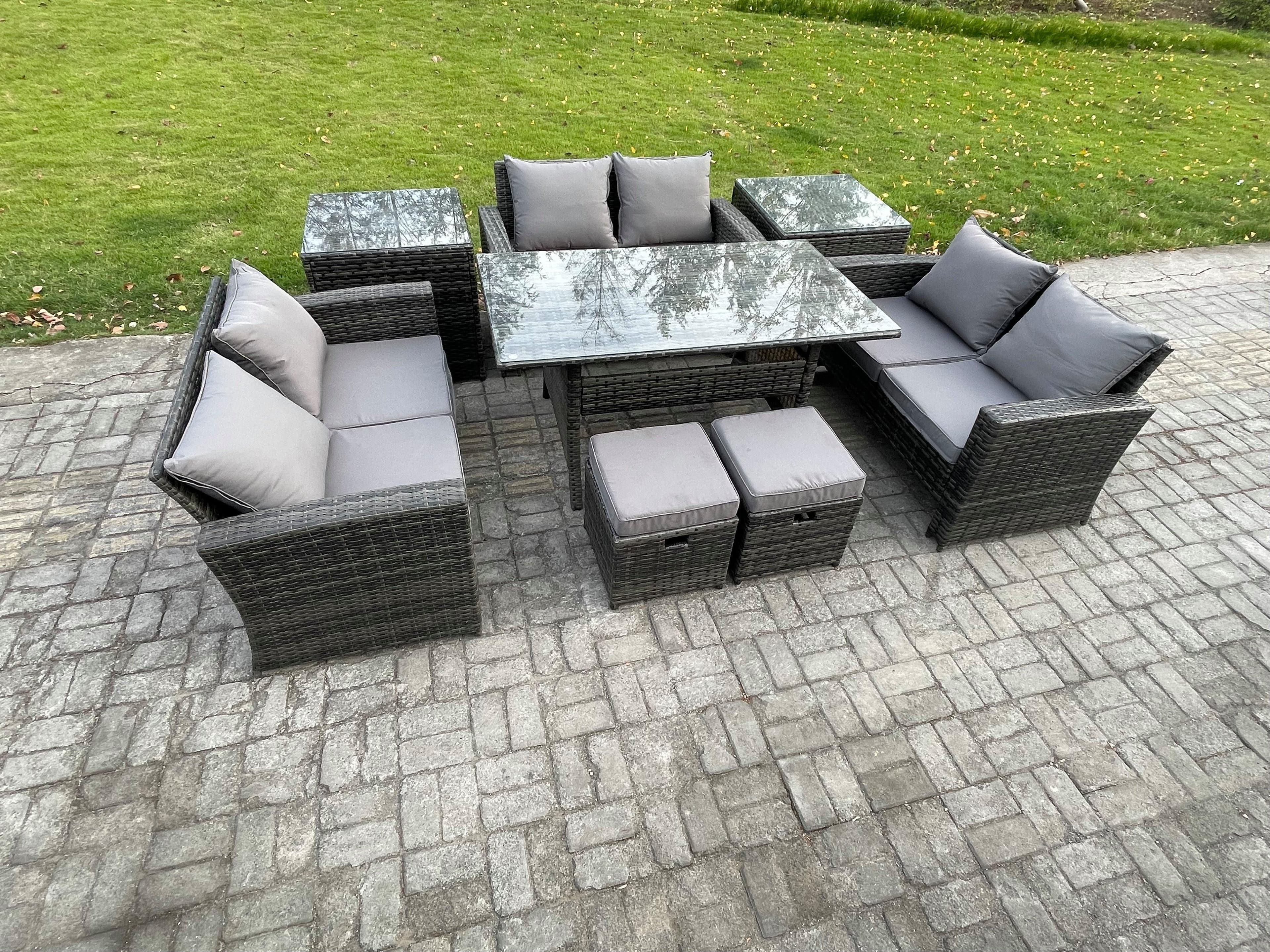 8 Seater Wicker PE Rattan Garden Furniture Sets Outdoor Lounge Sofa Set Oblong Dining Table Double Seat Sofa