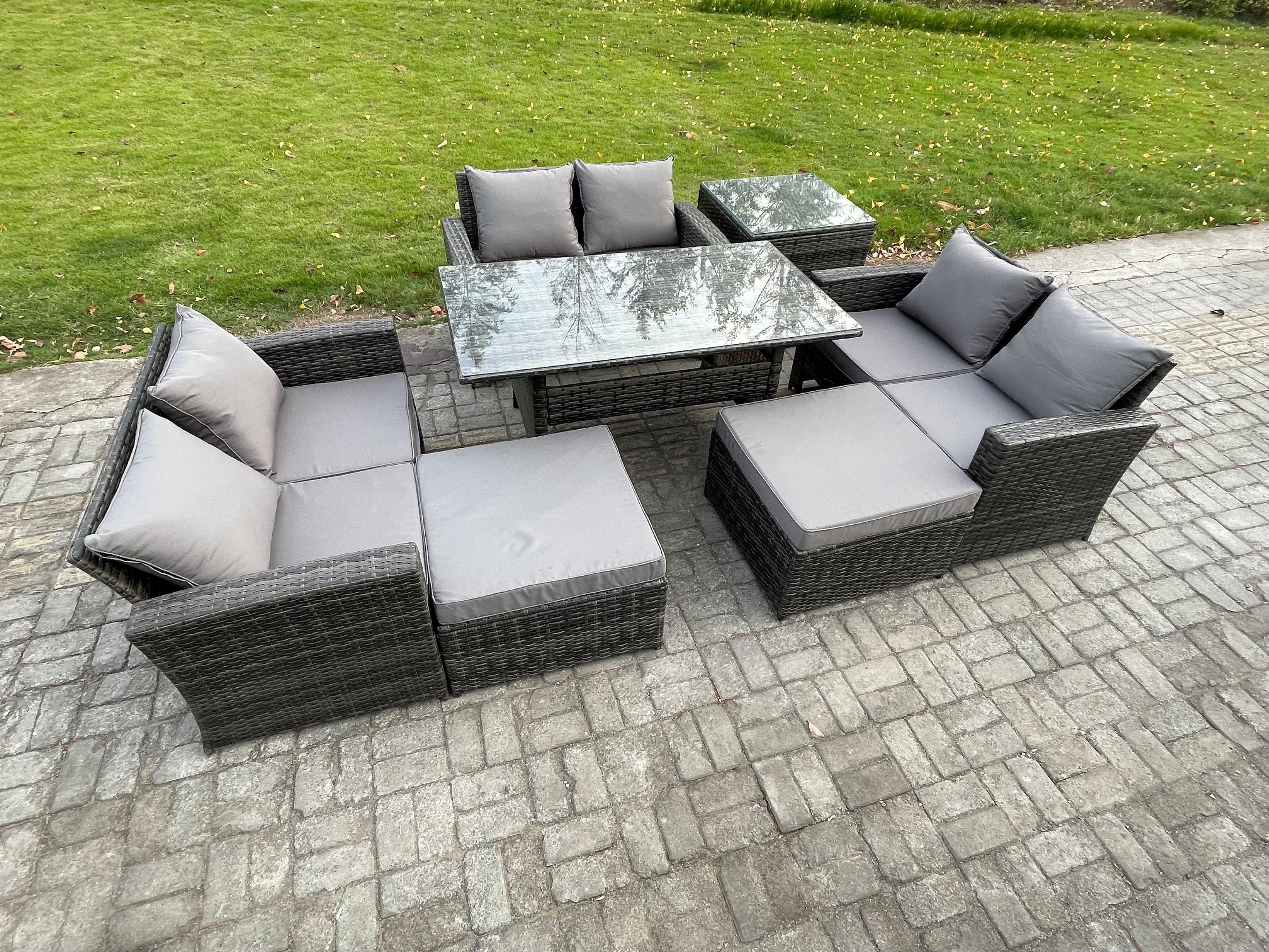 8 Seater Wicker PE Rattan Garden Furniture Sets Outdoor Lounge Sofa Set Oblong Dining Table 2 Big Footstool