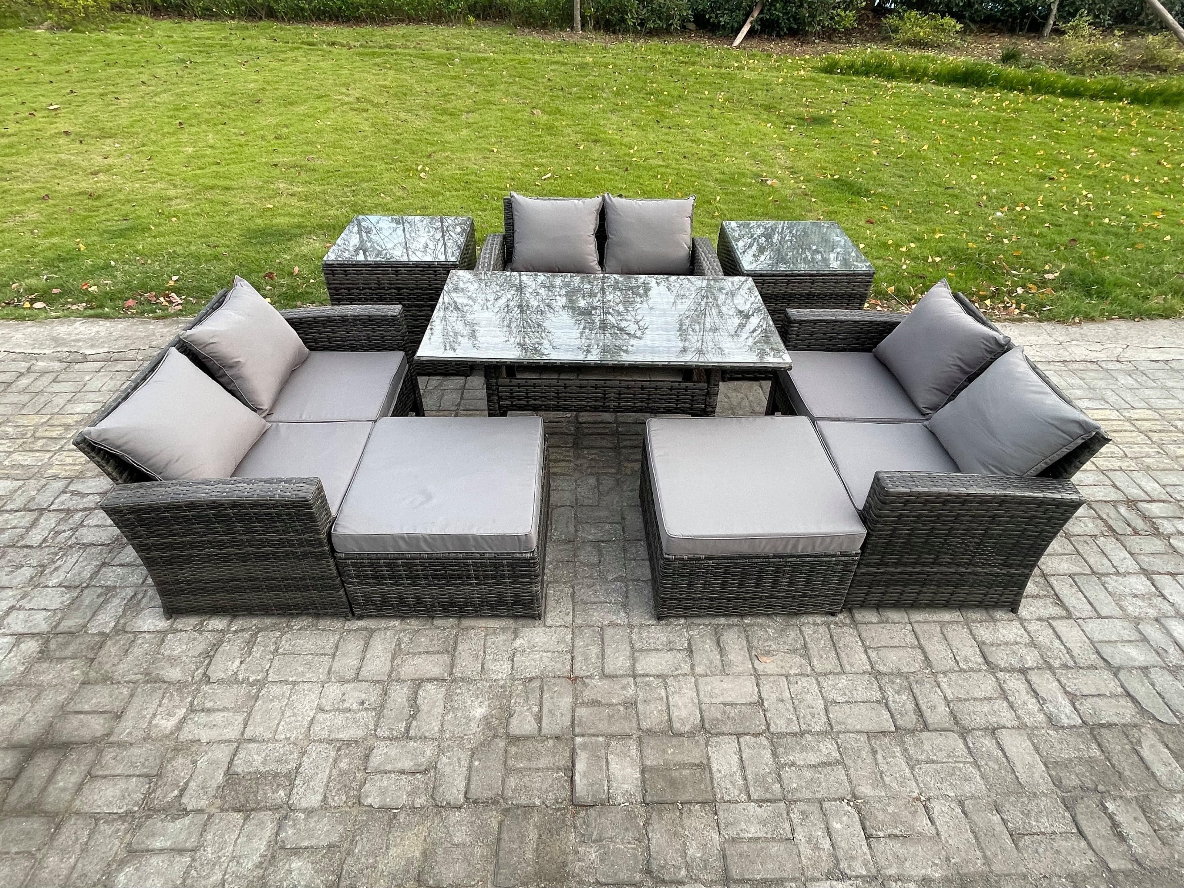 Wicker PE Rattan Garden Furniture Sets Outdoor Lounge Sofa Set Oblong Dining Table Double Seat Sofa 2 Big Footstool
