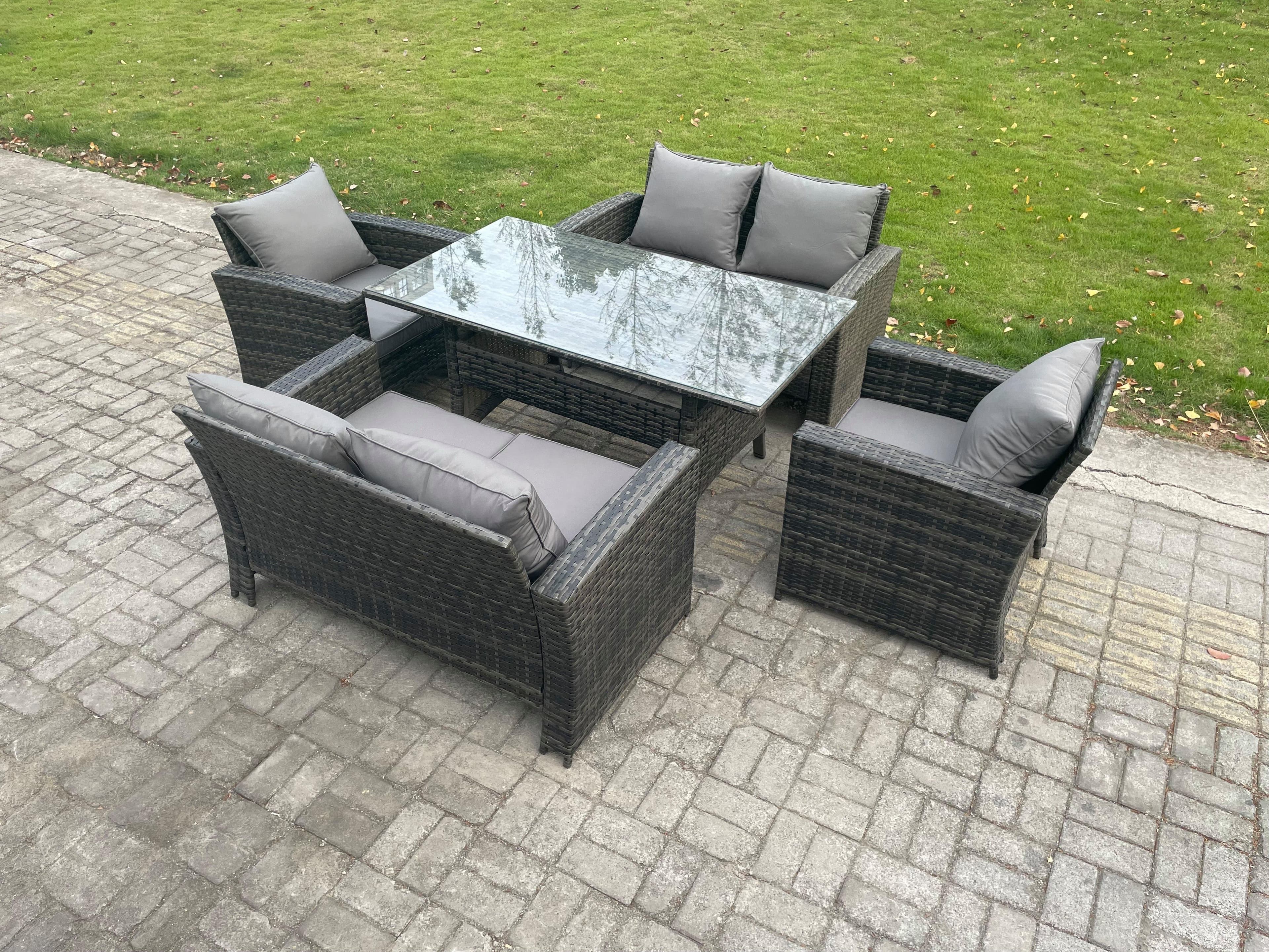 Rattan Garden Furniture Set 6 Seater Patio Outdoor Lounge Sofa Set Oblong Dining Table Double Seat Sofa Dark Grey