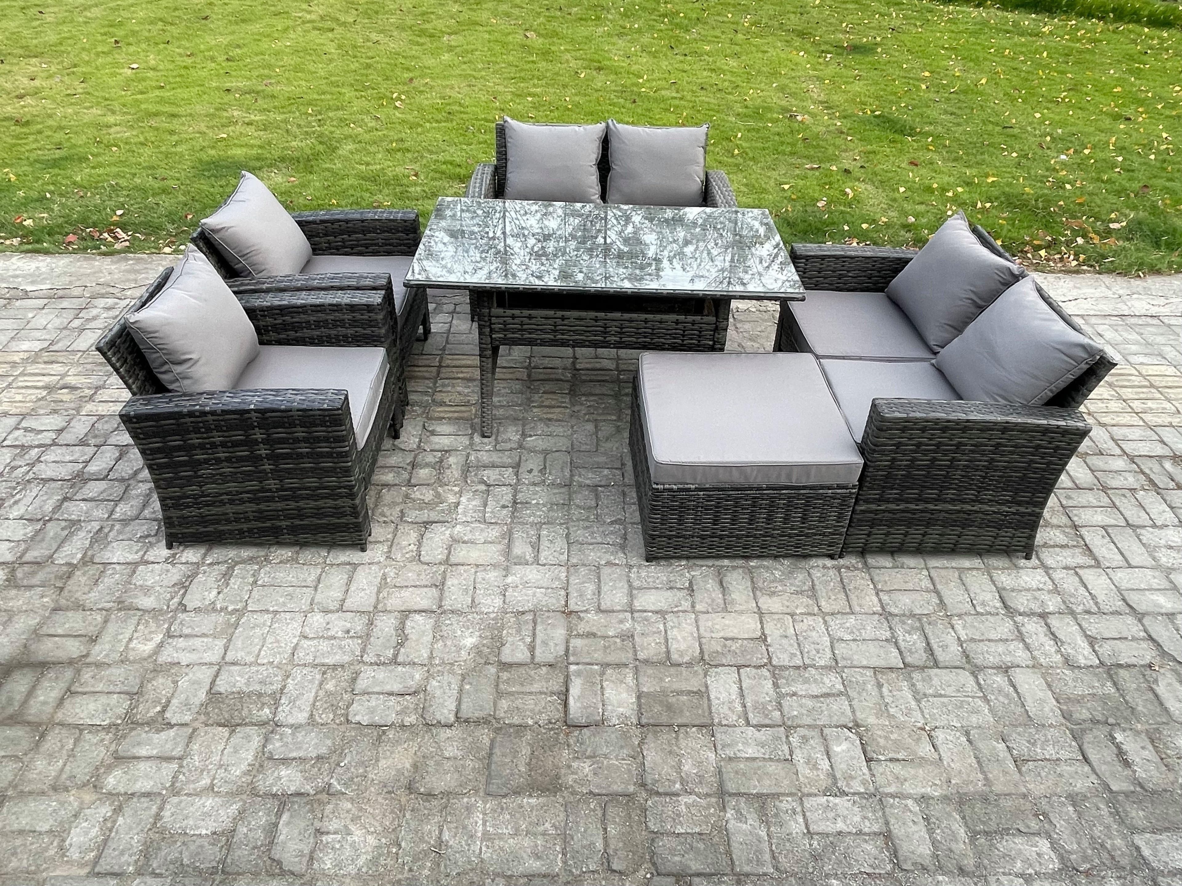 Rattan Garden Furniture Set 7 Seater Patio Outdoor Lounge Sofa Set Oblong Dining Table Double Seat Sofa