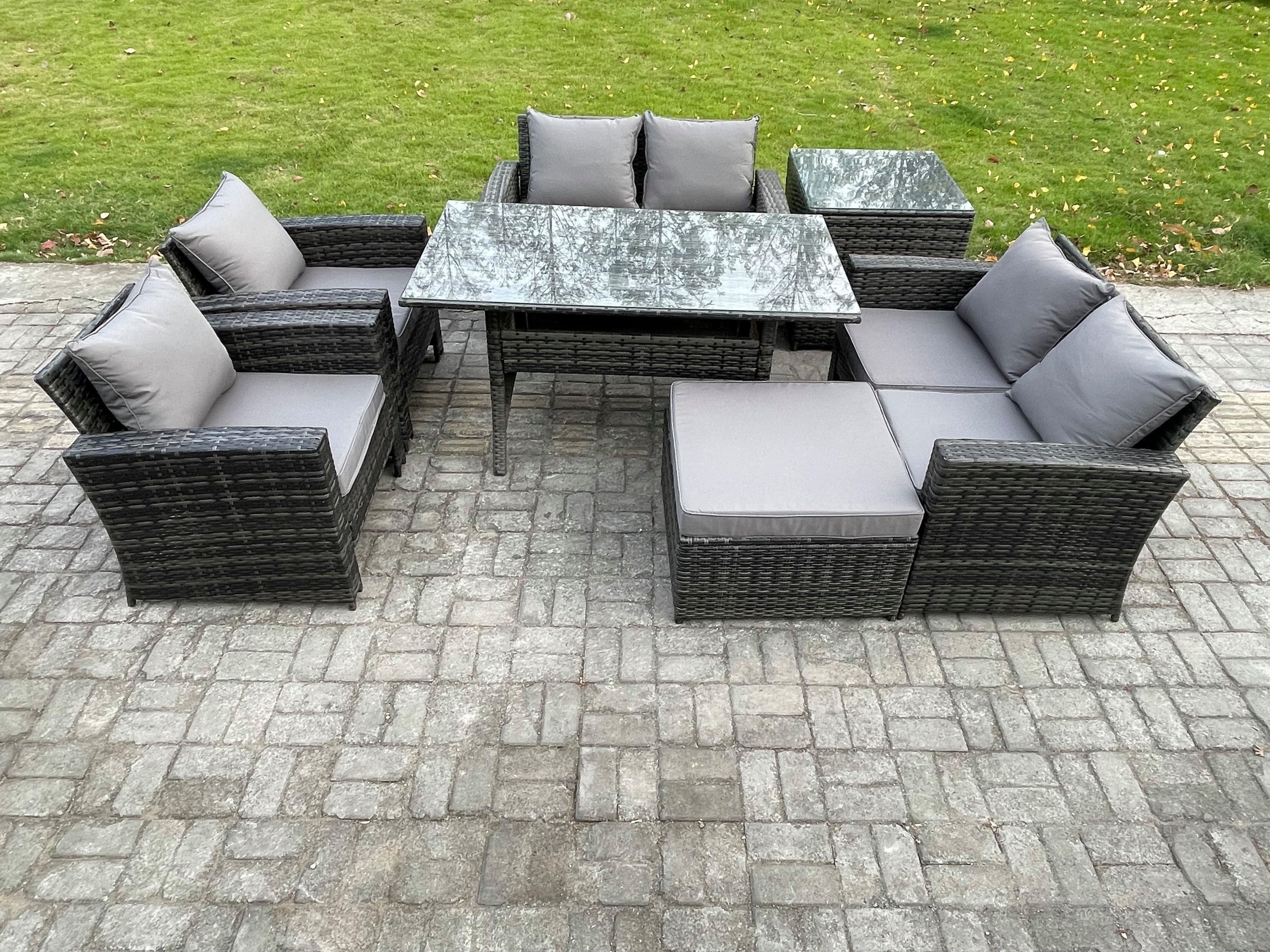Rattan Garden Furniture Set 7 Seater Patio Outdoor Lounge Sofa Set Oblong Dining Table Double Seat Sofa Side Table