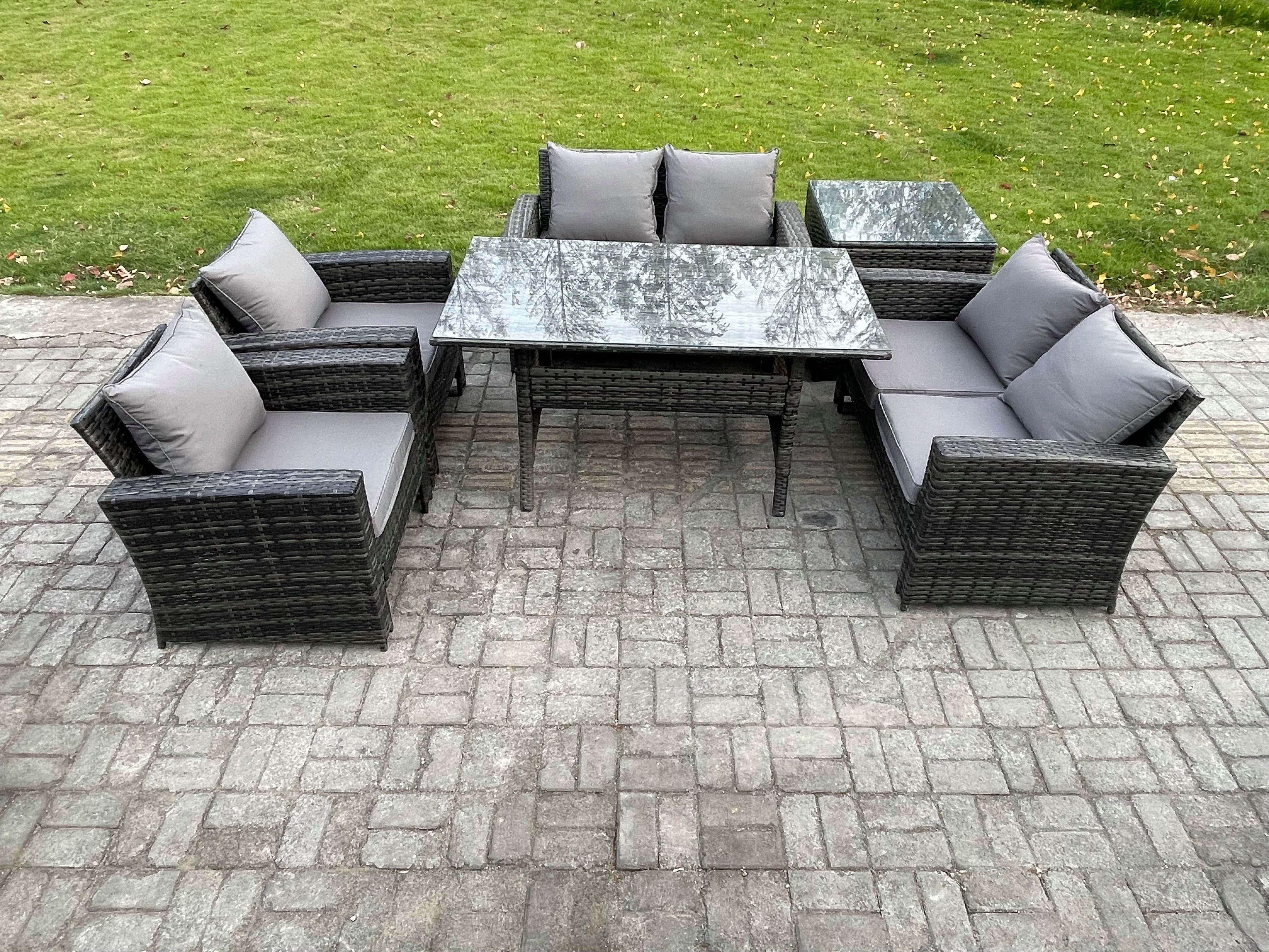 Rattan Garden Furniture Set 6 Seater Patio Outdoor Lounge Sofa Set Oblong Dining Table Double Seat Sofa Side Table