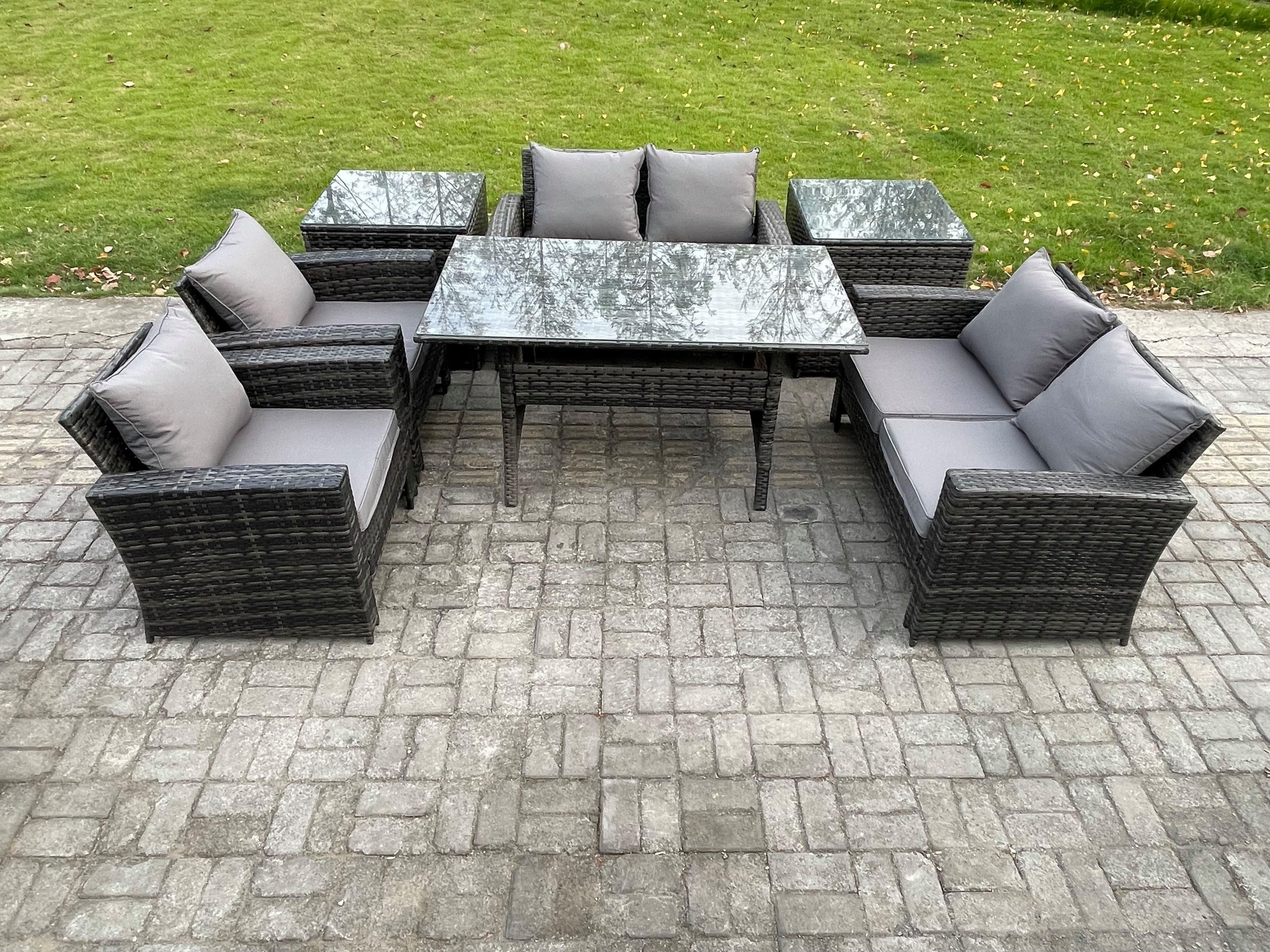 Rattan Garden Furniture Set Patio Outdoor Lounge Sofa Set Oblong Dining Table Double Seat Sofa 2 Side Tables