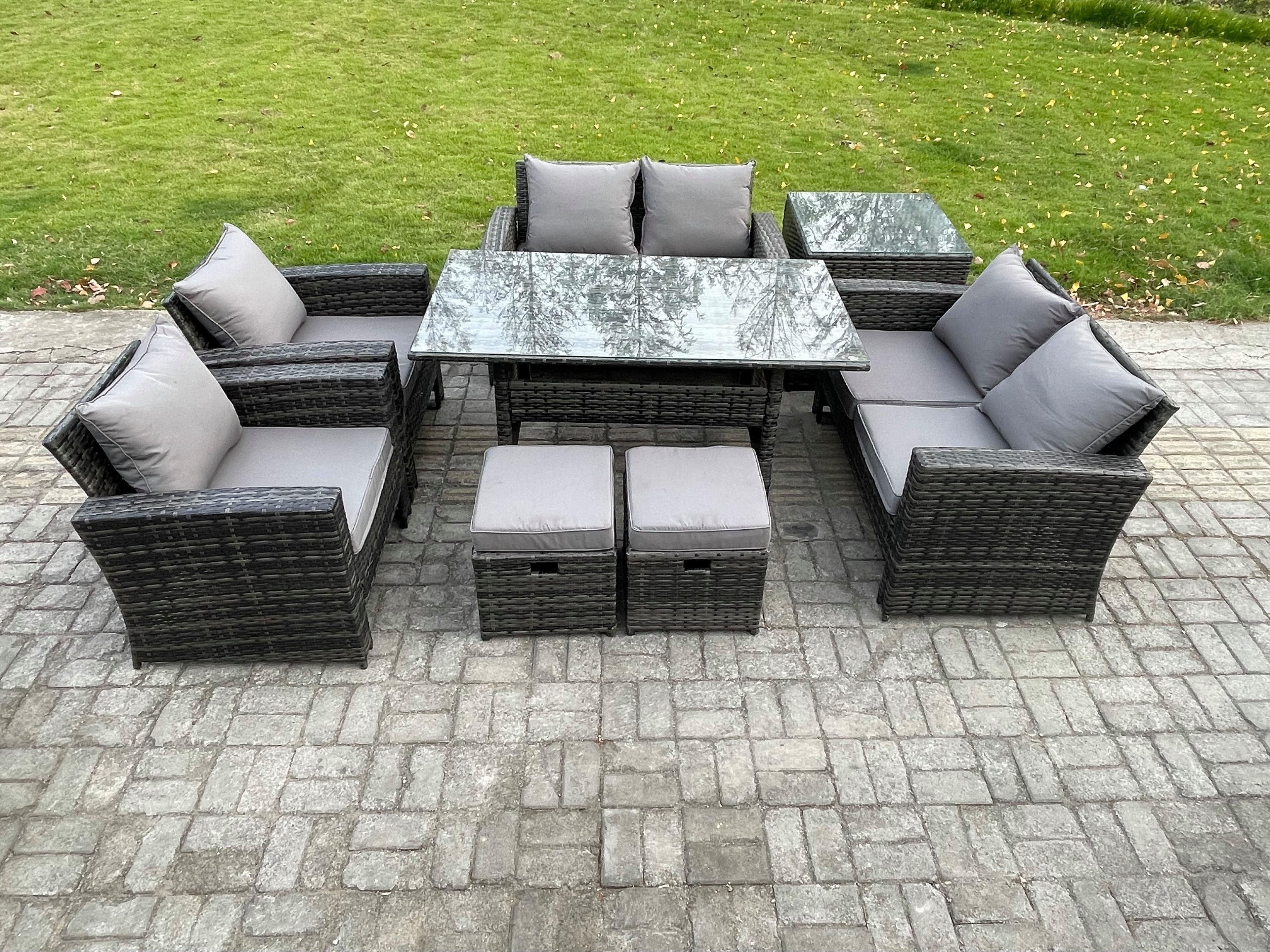 Rattan Garden Furniture Set 8 Seater Patio Outdoor Lounge Sofa Set Oblong Dining Table Double Seat Sofa
