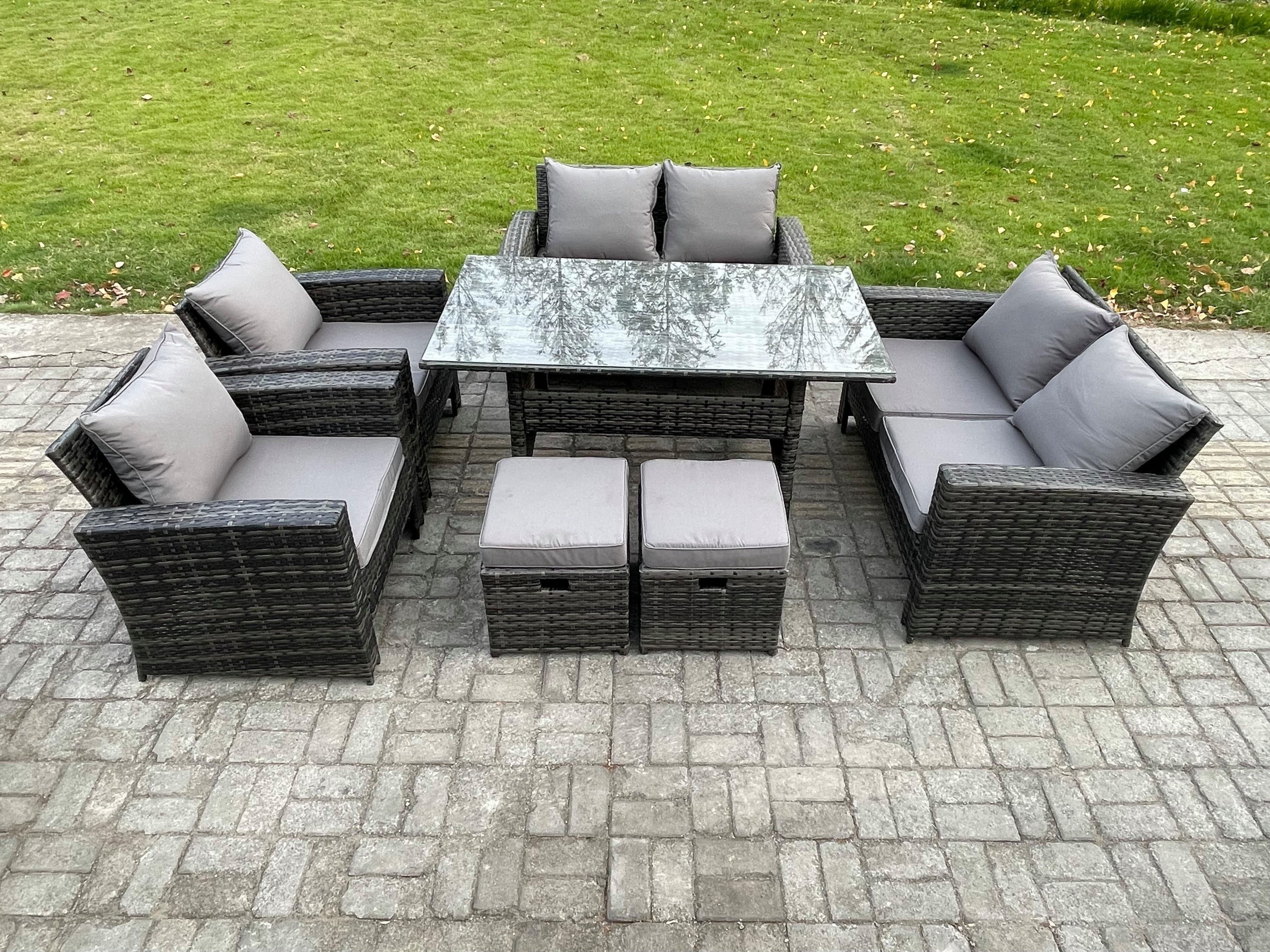 Rattan Garden Furniture Set Patio Outdoor Lounge Sofa Set Oblong Dining Table Double Seat Sofa 2 Small Footstools