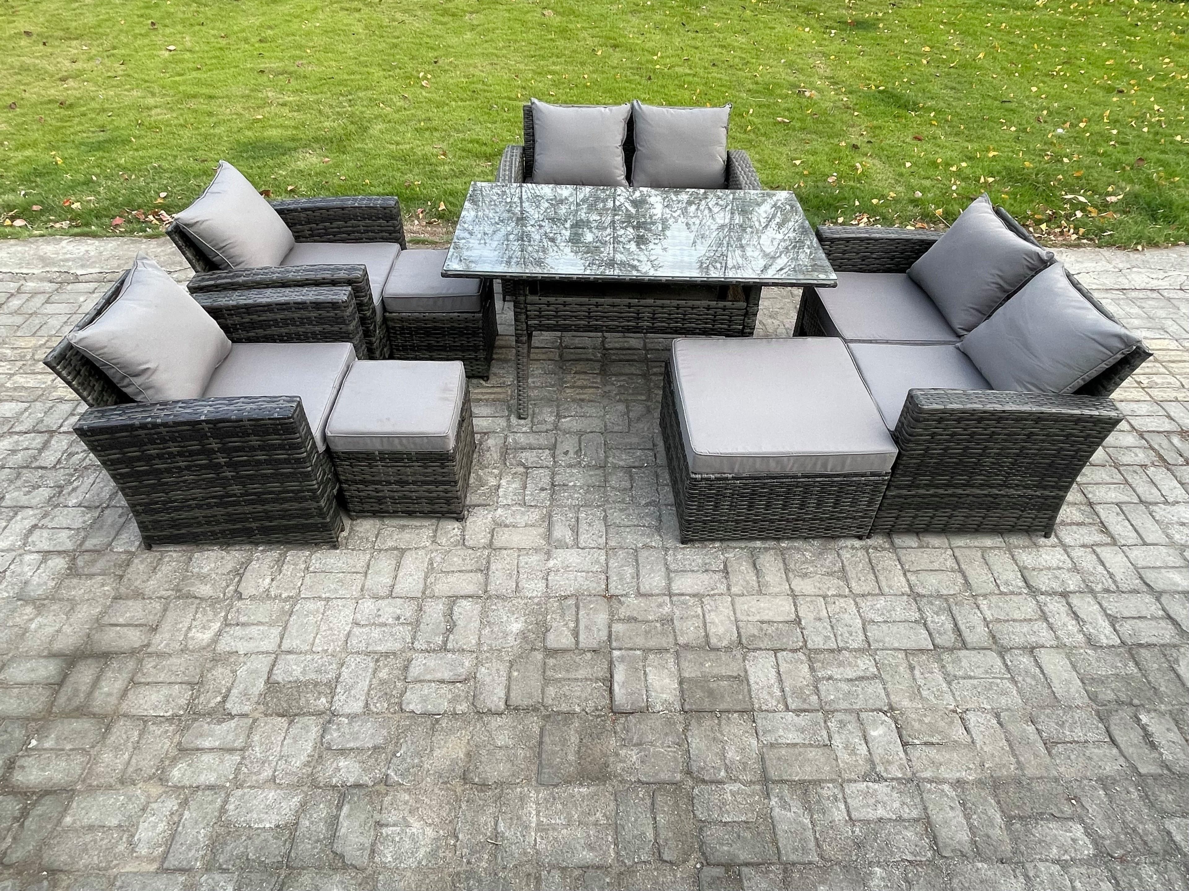 Garden Furniture Sets 8 Pieces Rattan Furniture Handmade Wicker Patio Sofa Set 3 Footstools Dark Grey Mixed