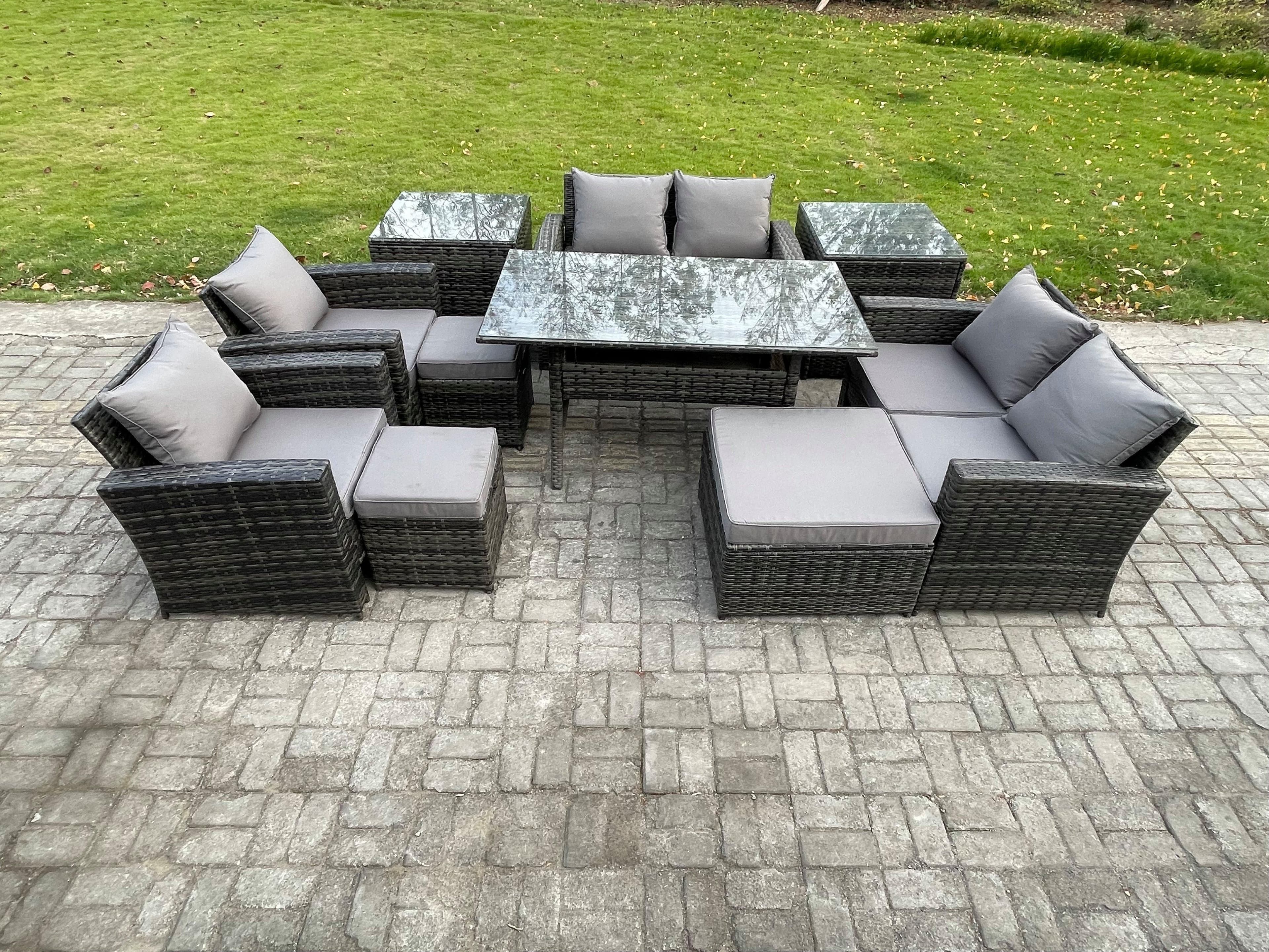 Garden Furniture Sets 10 Pieces Rattan Furniture Handmade Wicker Patio Sofa Set 3 Footstools 2 Side Tables