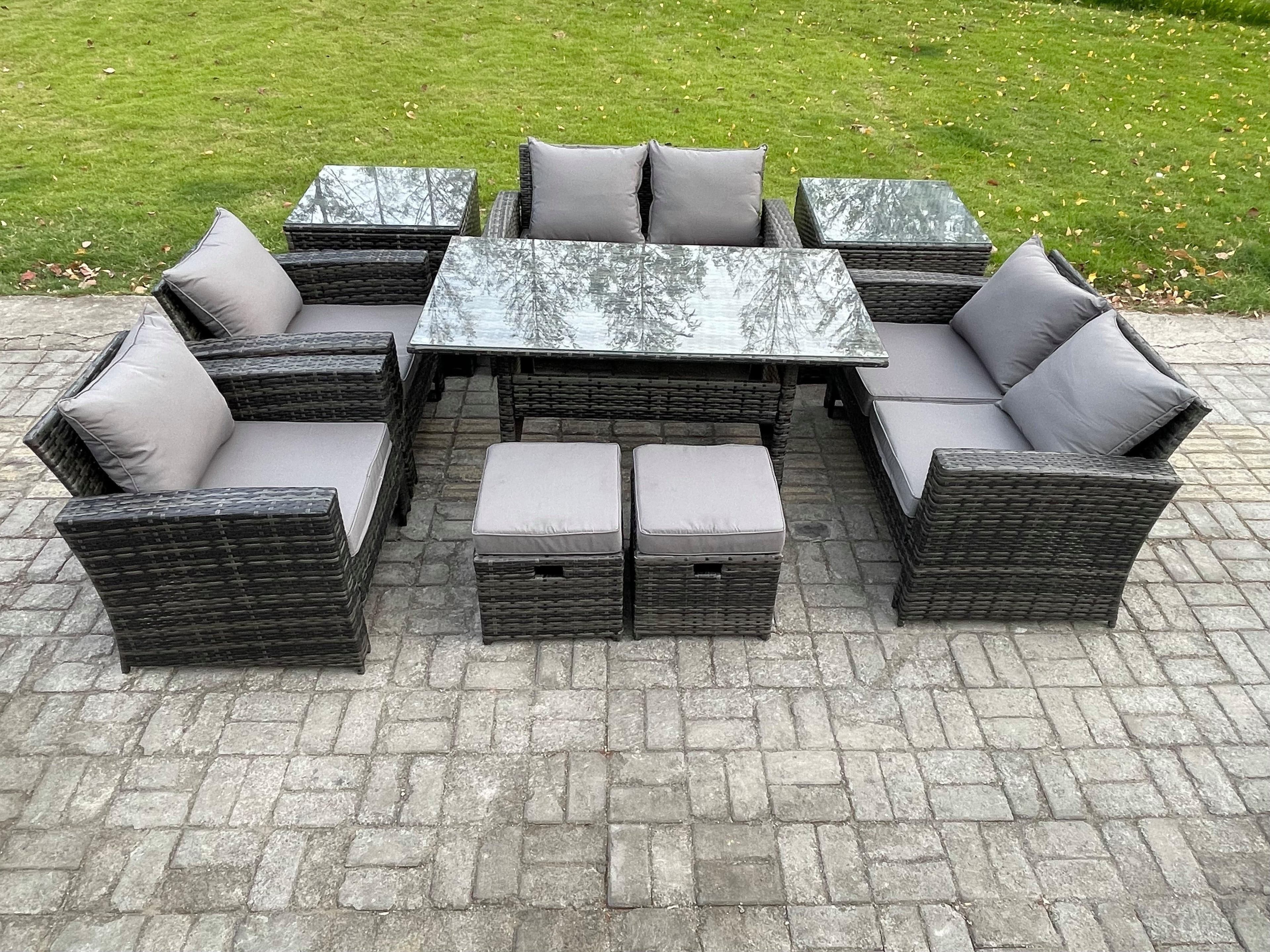Garden Furniture Sets 9 Pieces Rattan Furniture Handmade Wicker Patio Sofa Set 2 Small Footstools 2 Side Tables