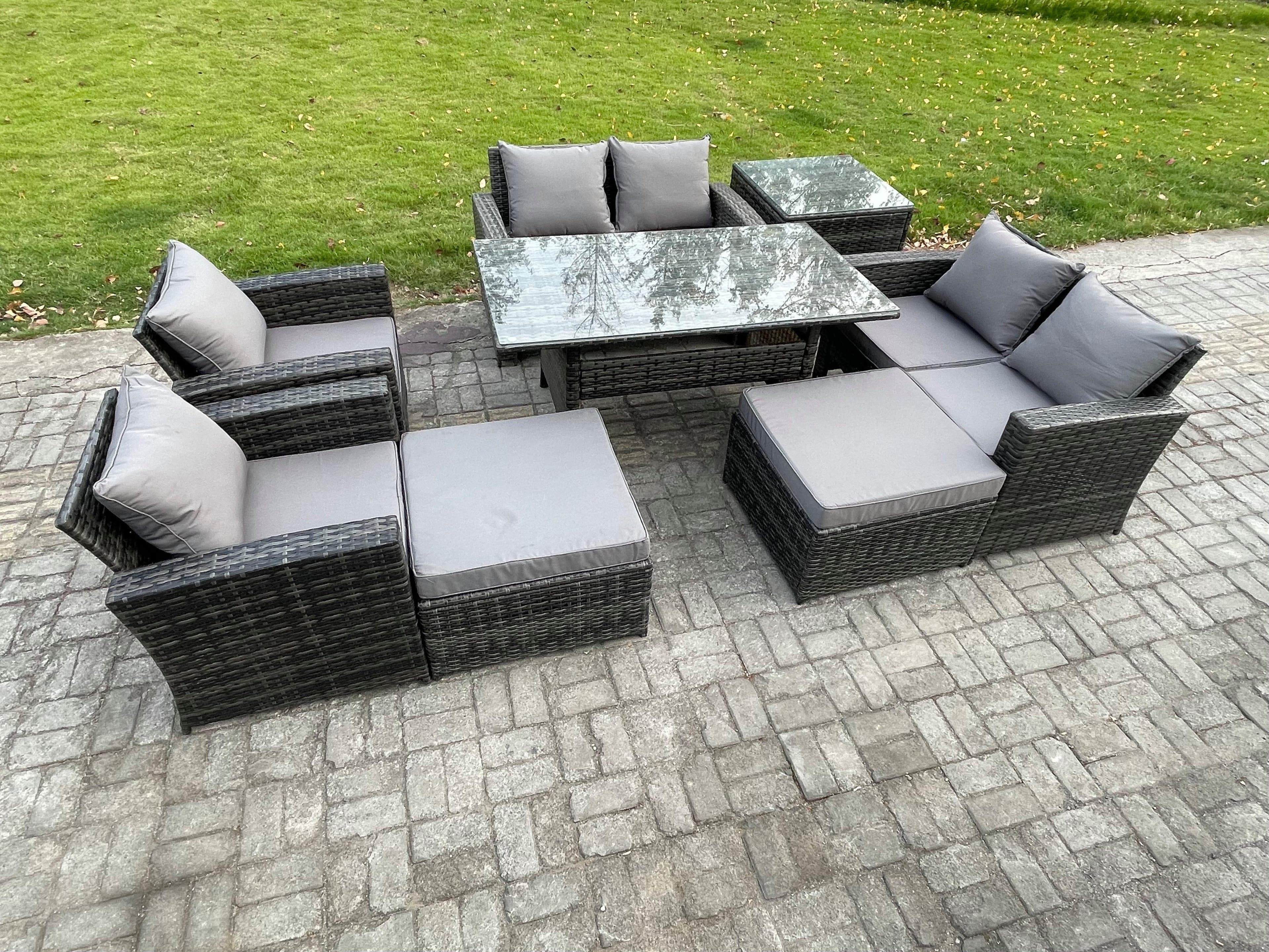 Garden Furniture Sets 8 Pieces Rattan Furniture Handmade Wicker Patio Sofa Set 2 Big Footstool Side Table Dark Grey Mixed