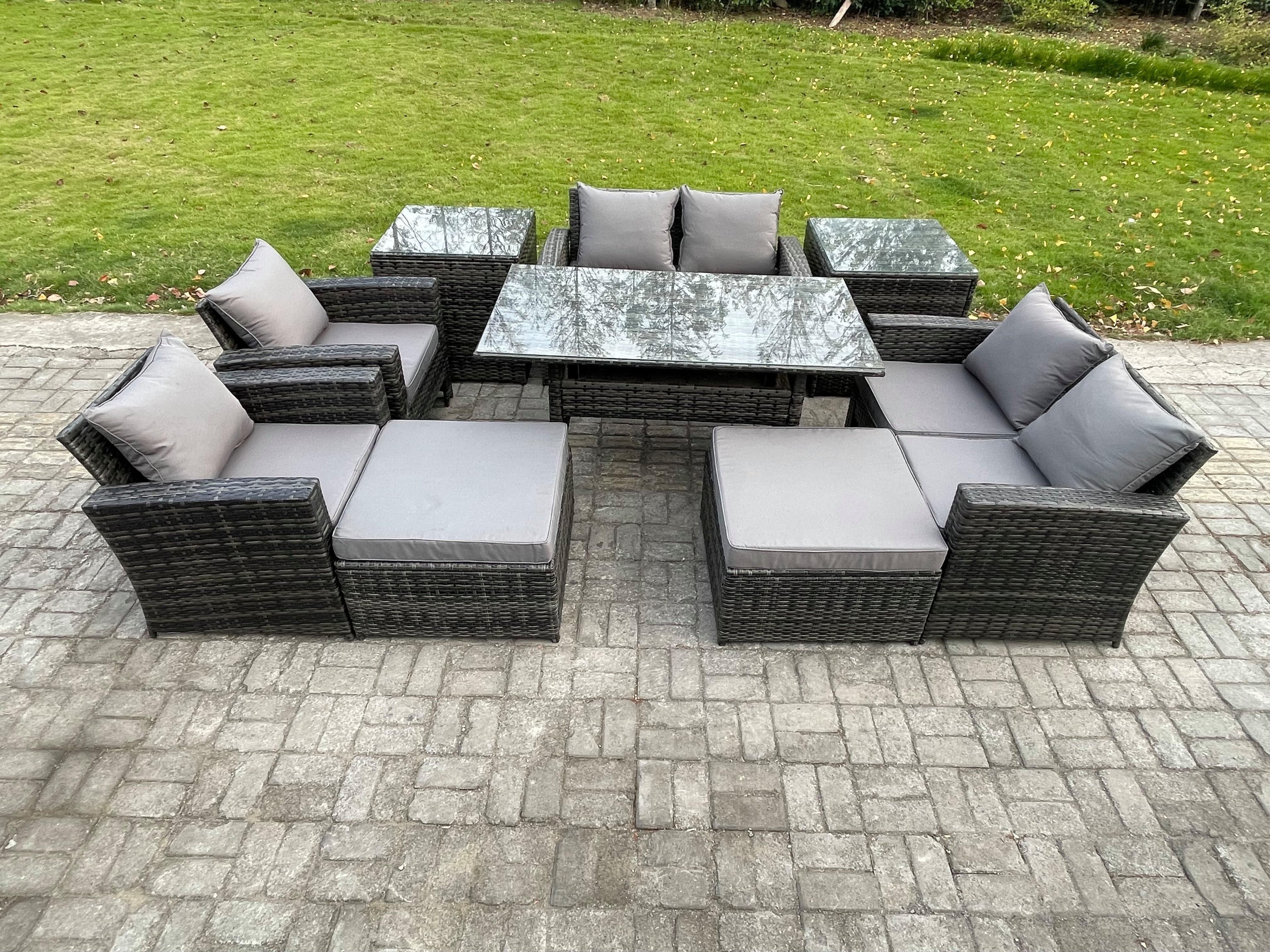 Garden Furniture Sets 9 Pieces Rattan Furniture Handmade Wicker Patio Sofa Set 2 Big Footstool 2 Side Tables Dark Grey Mixed