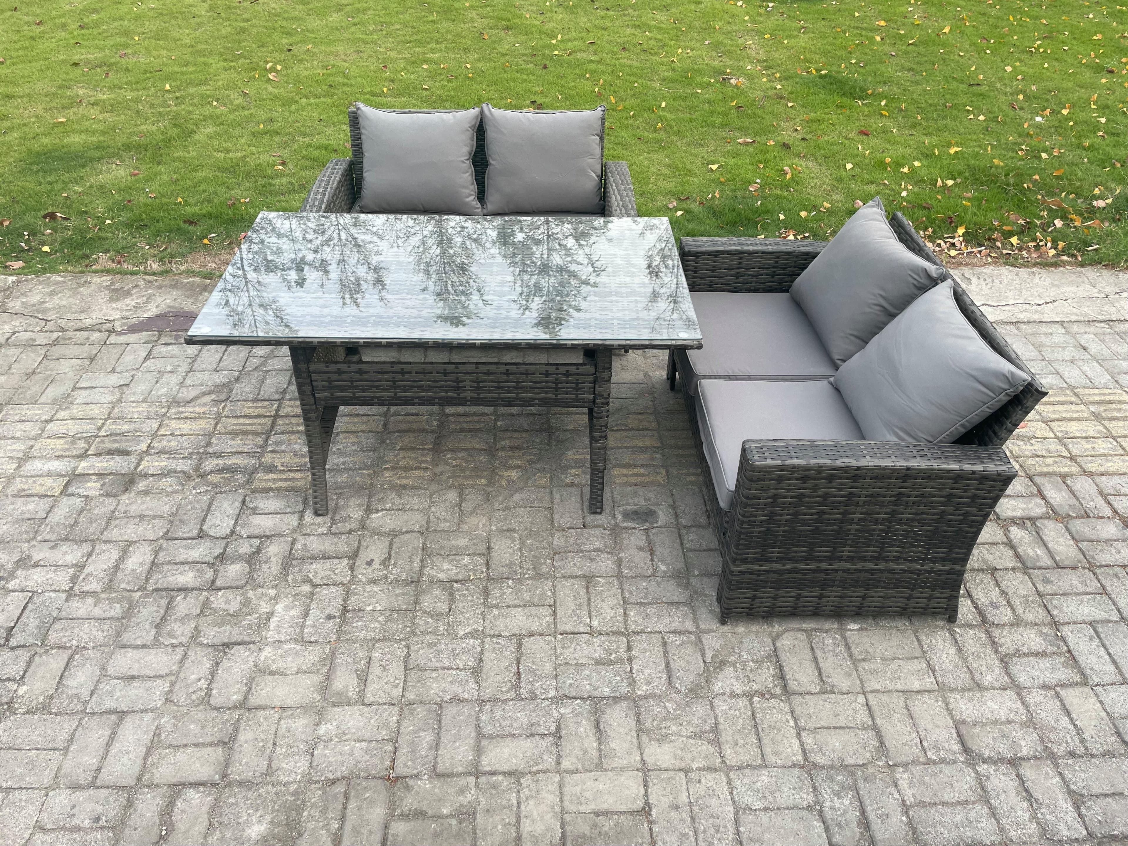 Dark Grey PE Wicker Rattan Garden Furniture Set Love Sofa Outdoor Rectangular Dining Table