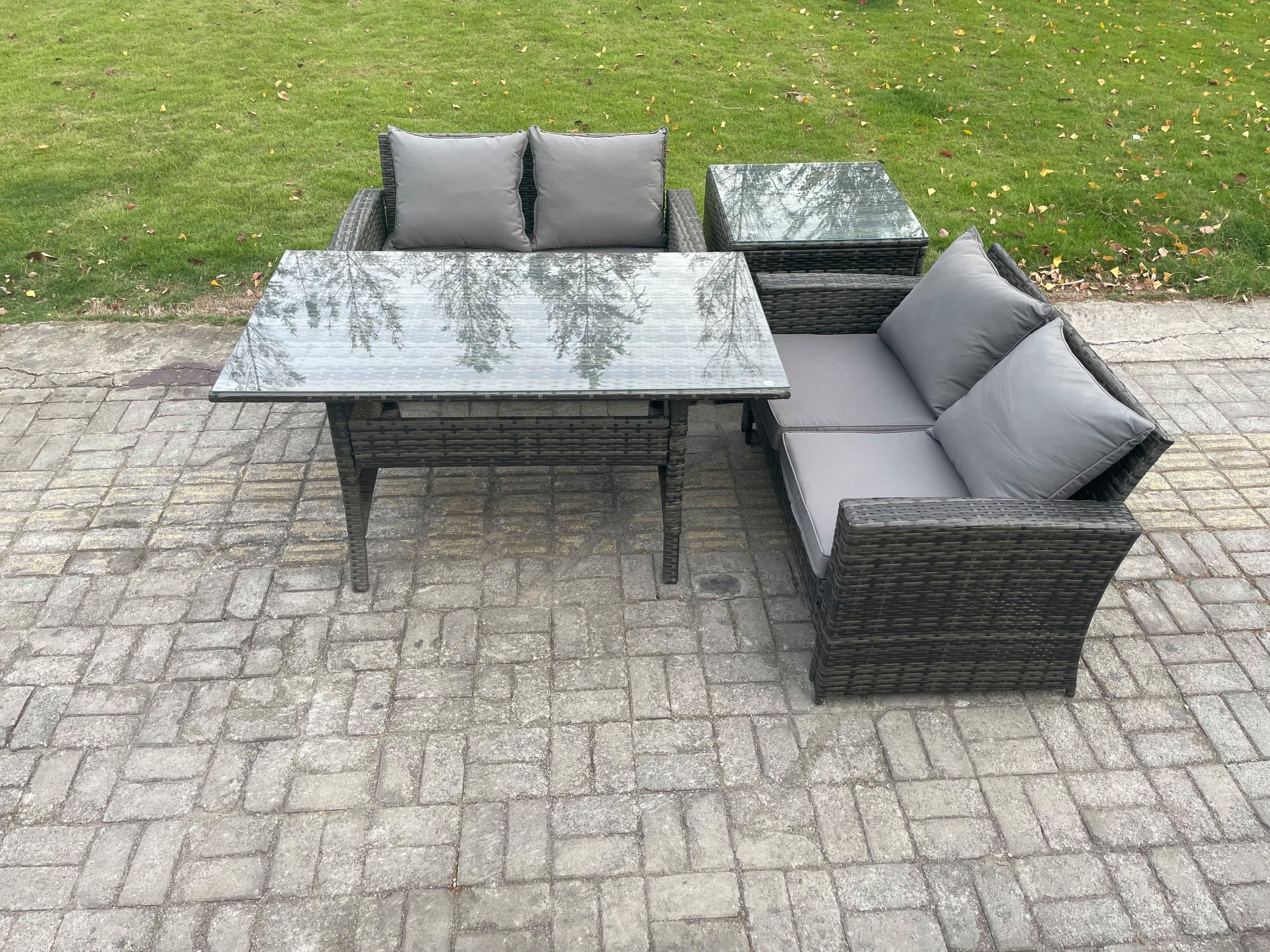 Dark Grey PE Wicker Rattan Garden Furniture Set Love Sofa Outdoor Rectangular Dining Table Side Table