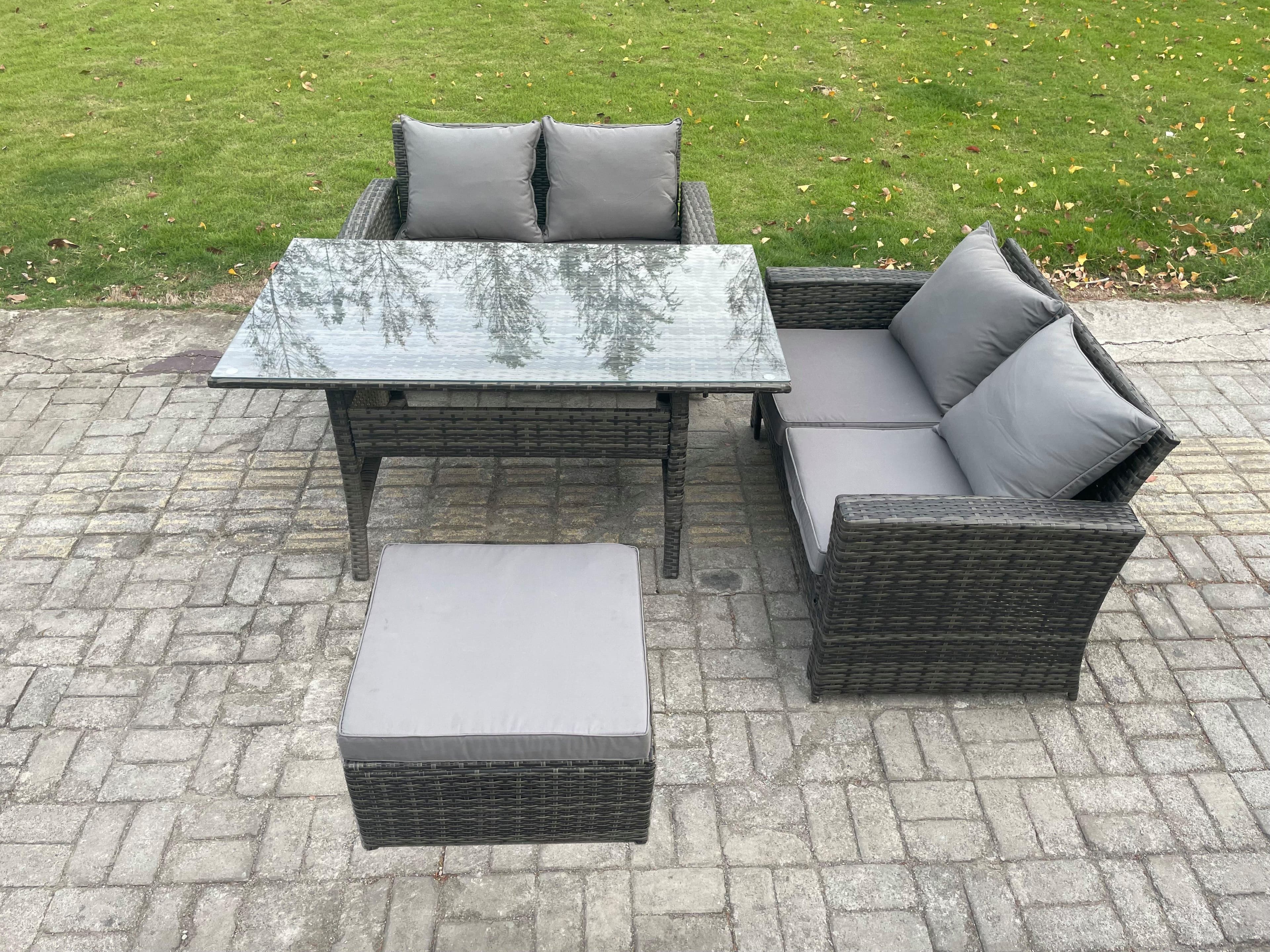 Dark Grey PE Wicker Rattan Garden Furniture Set Love Sofa Outdoor Rectangular Dining Table Big Footstool