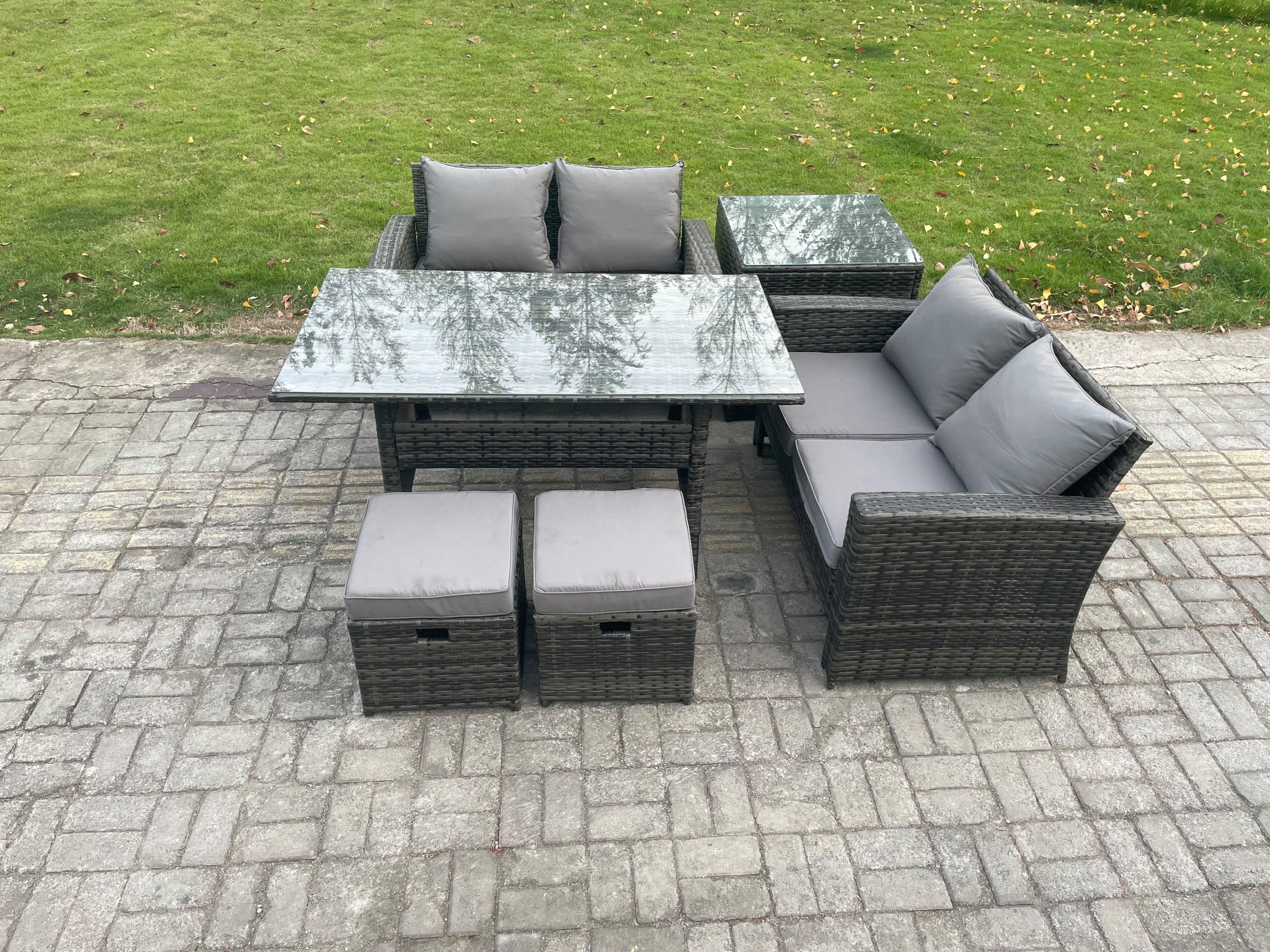 PE Wicker Rattan Garden Furniture Set Love Sofa Outdoor Rectangular Dining Table 2 Small Footstool Side Table Dark Grey Mixed