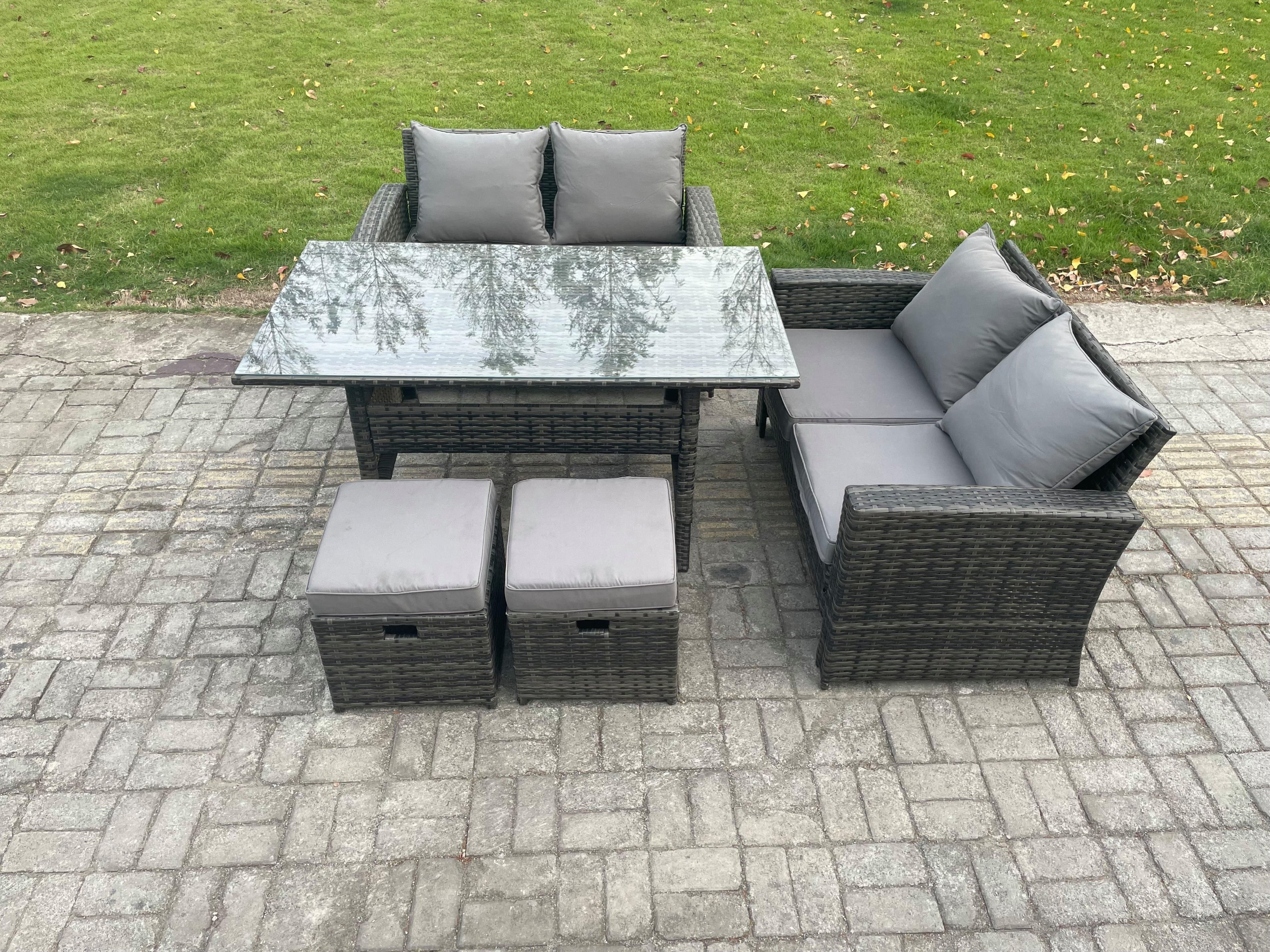 6 Seater PE Wicker Rattan Garden Furniture Set Love Sofa Outdoor Rectangular Dining Table 2 Small Footstools Dark Grey Mixed