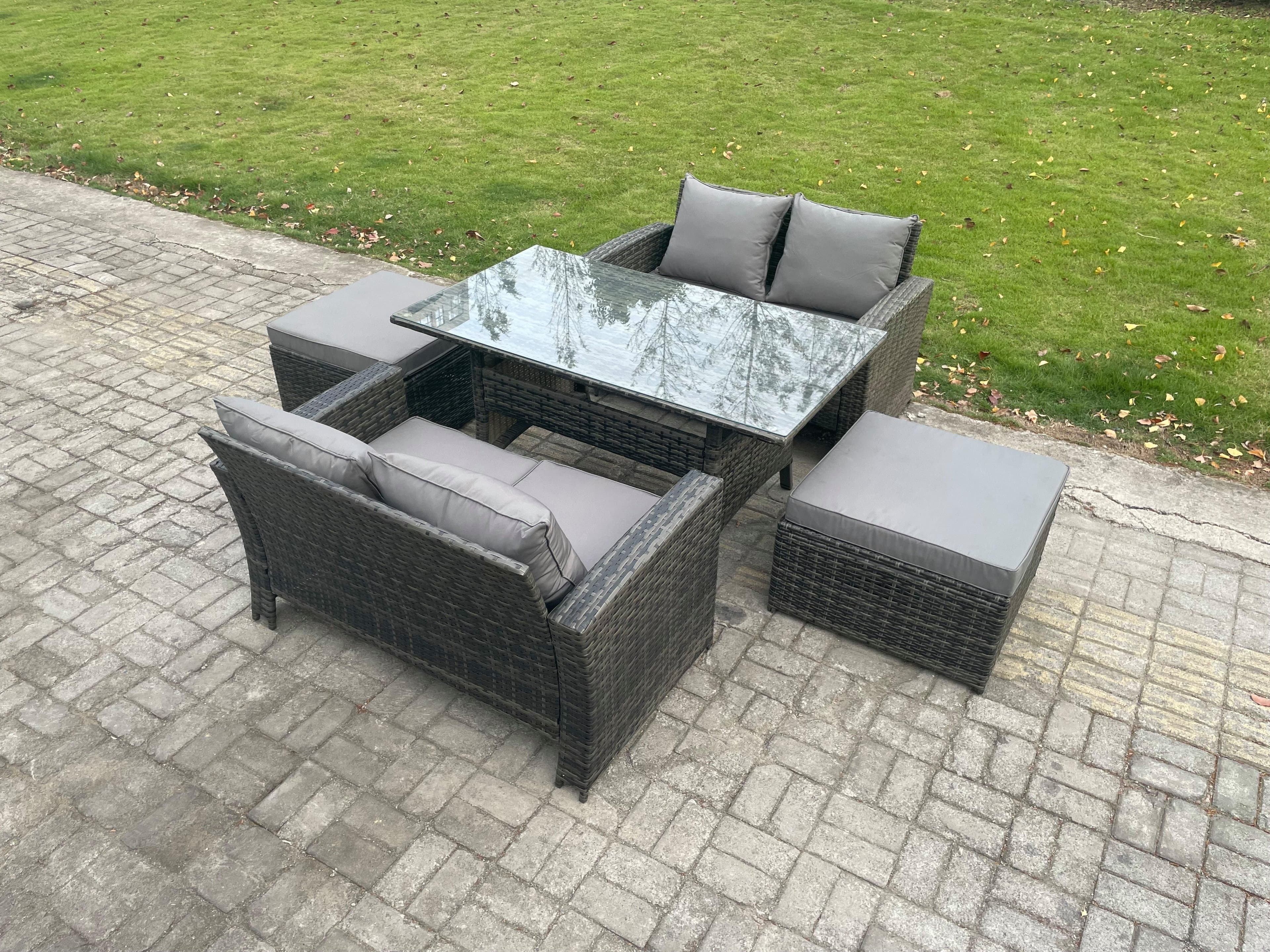 6 Seater PE Wicker Rattan Garden Furniture Set Love Sofa Outdoor Rectangular Dining Table 2 Big Footstool Dark Grey Mixed