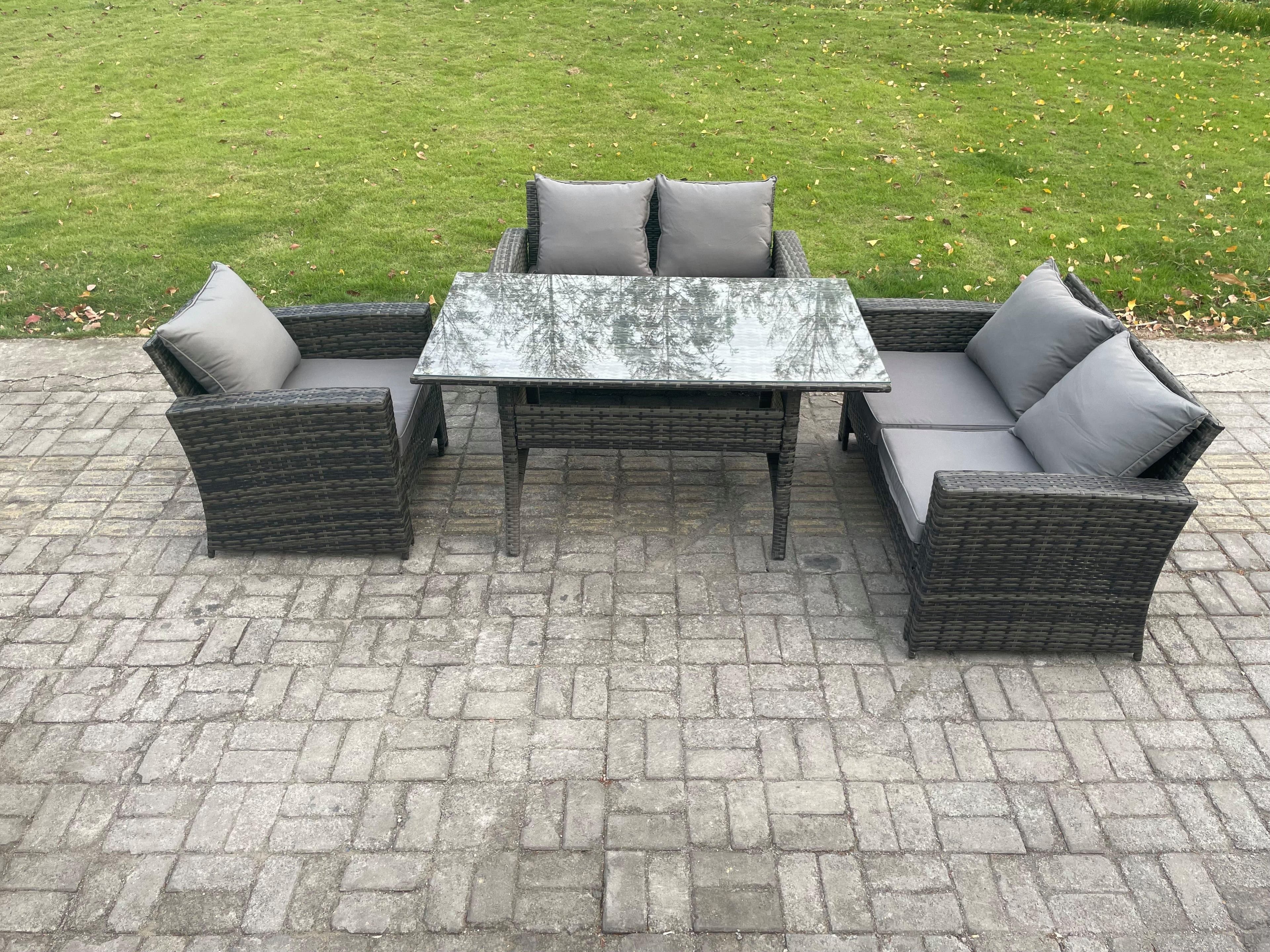 5 Seater Wicker Rattan Garden Dining Set Outdoor Furniture Sofa Dining Table Double Seat Sofa Dark Grey Mixed