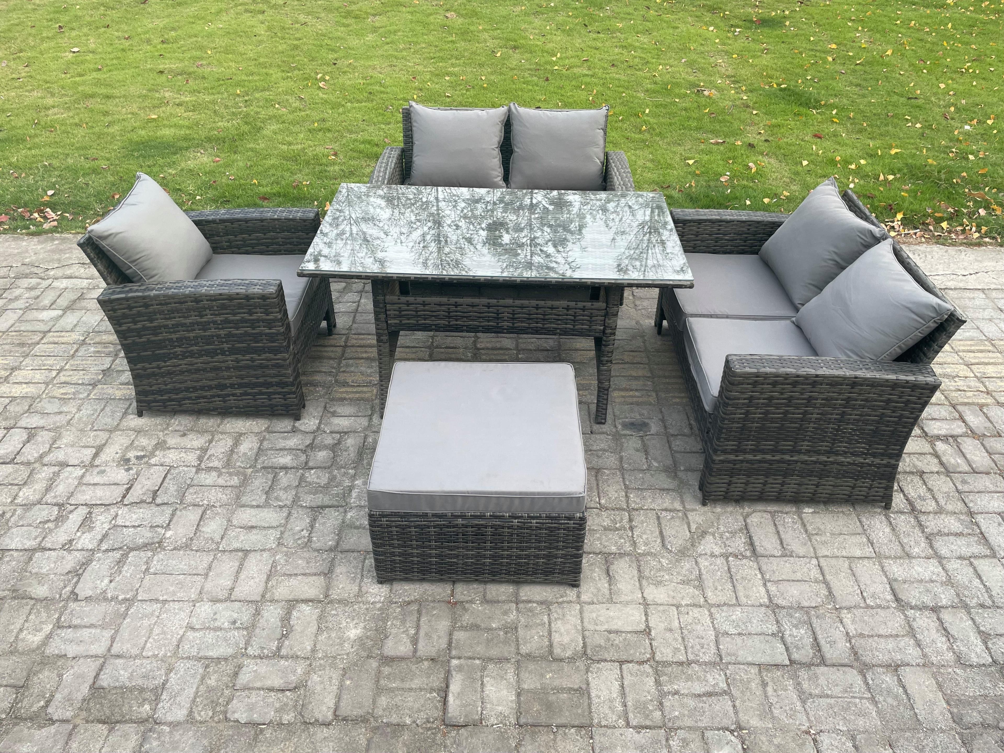 6 Seater Wicker Rattan Garden Dining Set Outdoor Furniture Sofa Dining Table Double Seat Sofa Big Footstool Dark Grey Mixed