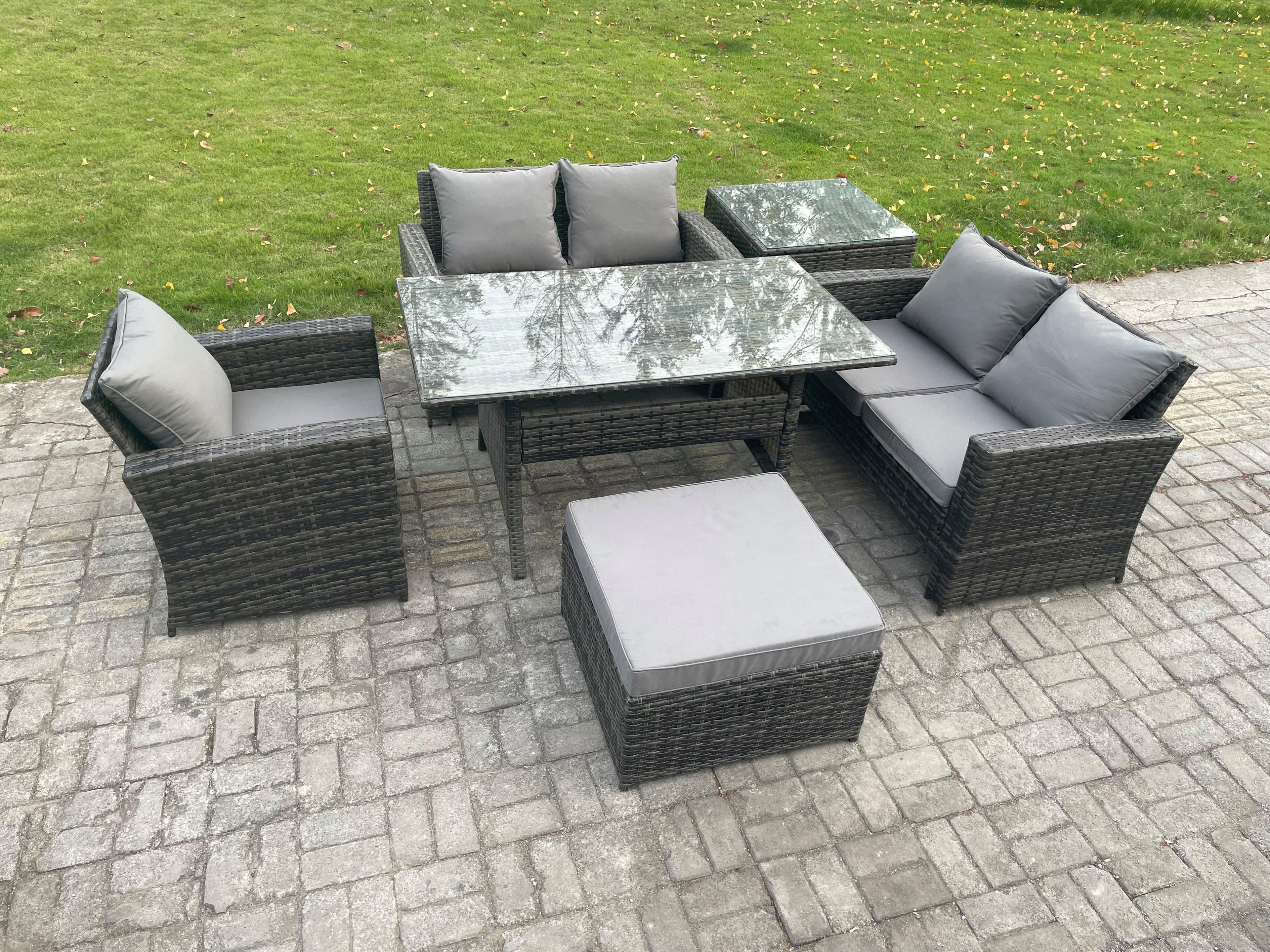 6 Seater Wicker Rattan Garden Dining Set Outdoor Furniture Sofa Dining Table Double Seat Sofa Big Footstool Side Table