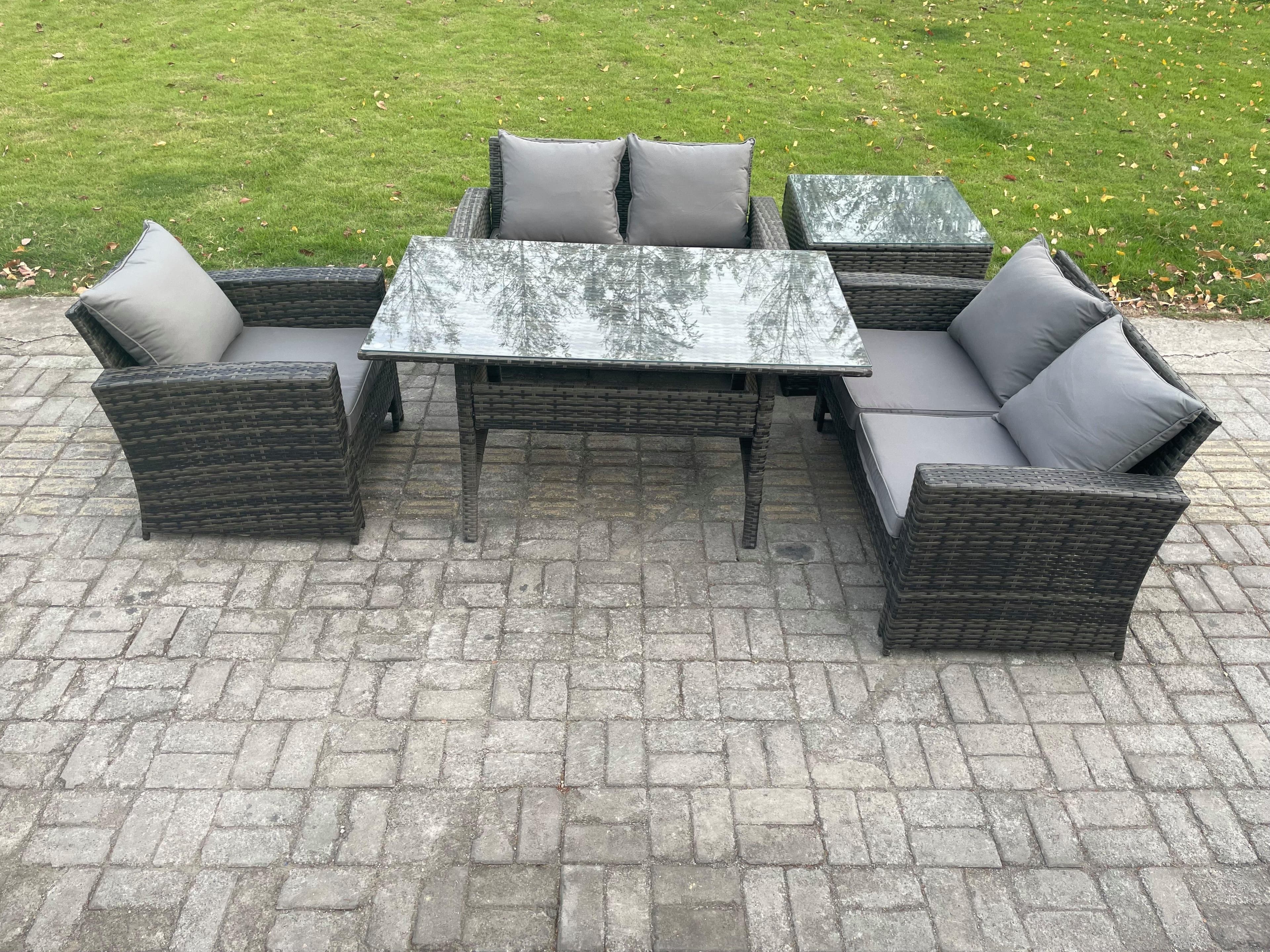 Wicker Rattan Garden Dining Set Outdoor Furniture Sofa Dining Table Double Seat Sofa Side Table Dark Grey Mixed
