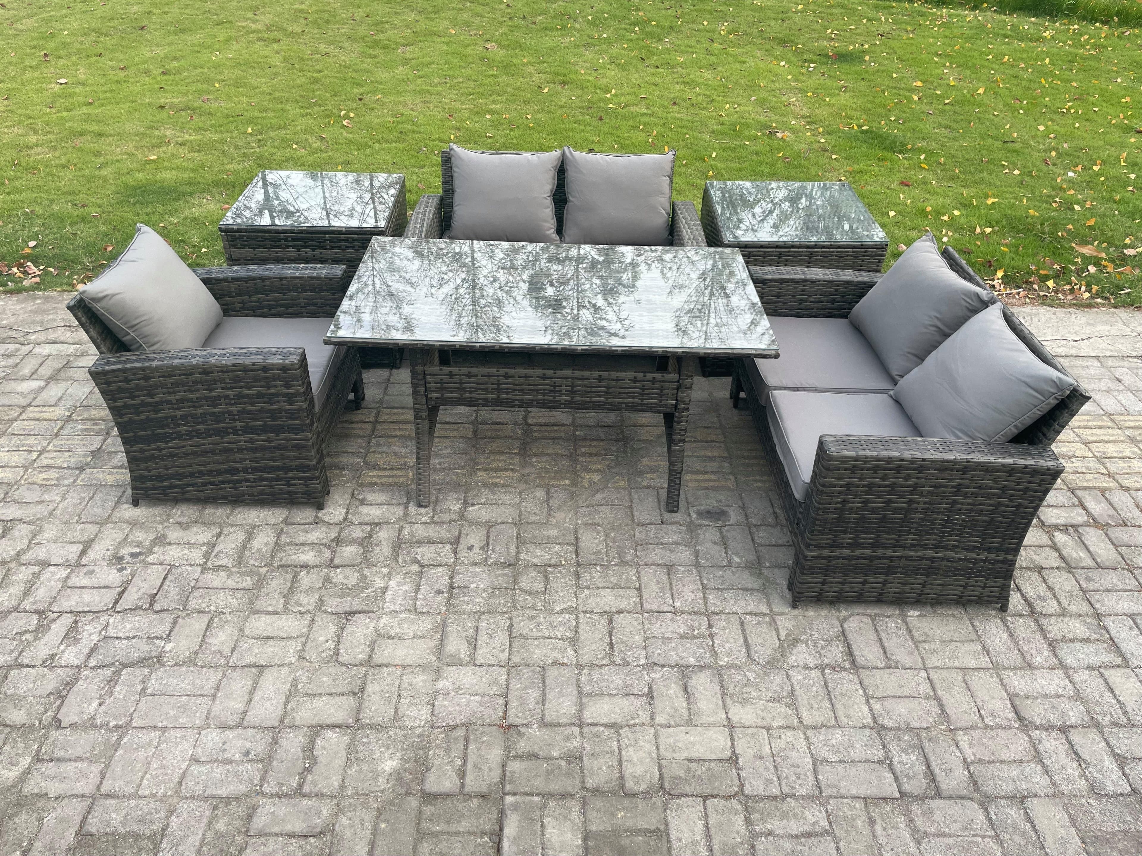 Wicker Rattan Garden Dining Set Outdoor Furniture Sofa Dining Table Double Seat Sofa 2 Side Tables Dark Grey Mixed