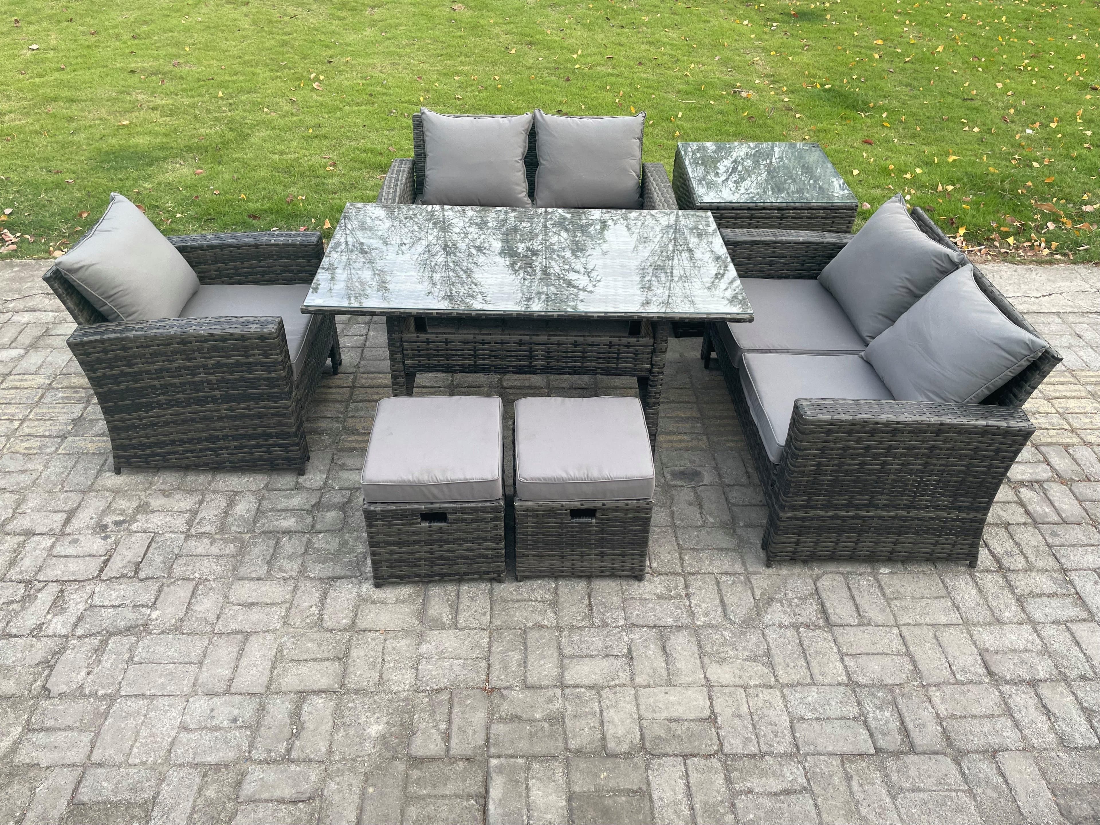 Wicker Rattan Garden Dining Set Outdoor Furniture Sofa Dining Table Double Seat Sofa Side Table 2 Small Footstools Dark Grey Mixed