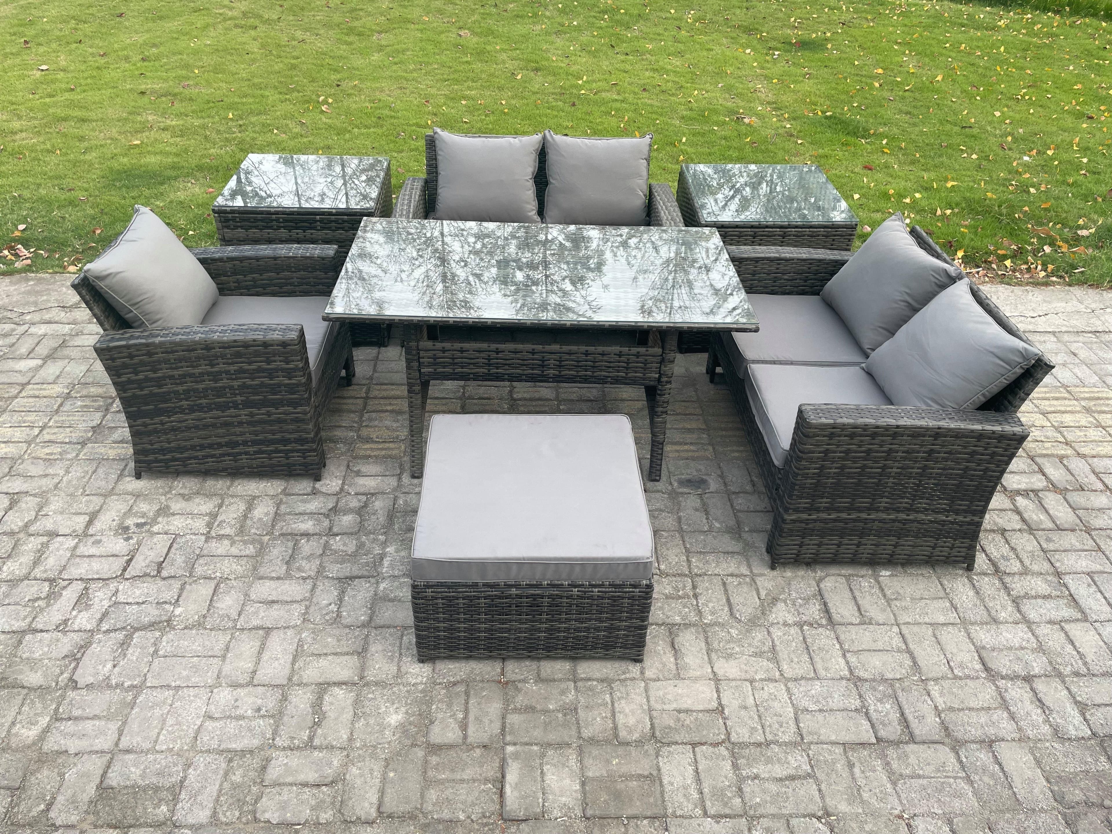 Wicker Rattan Garden Dining Set Outdoor Furniture Sofa Dining Table Double Seat Sofa 2 Side Tables Big Footstool Dark Grey Mixed