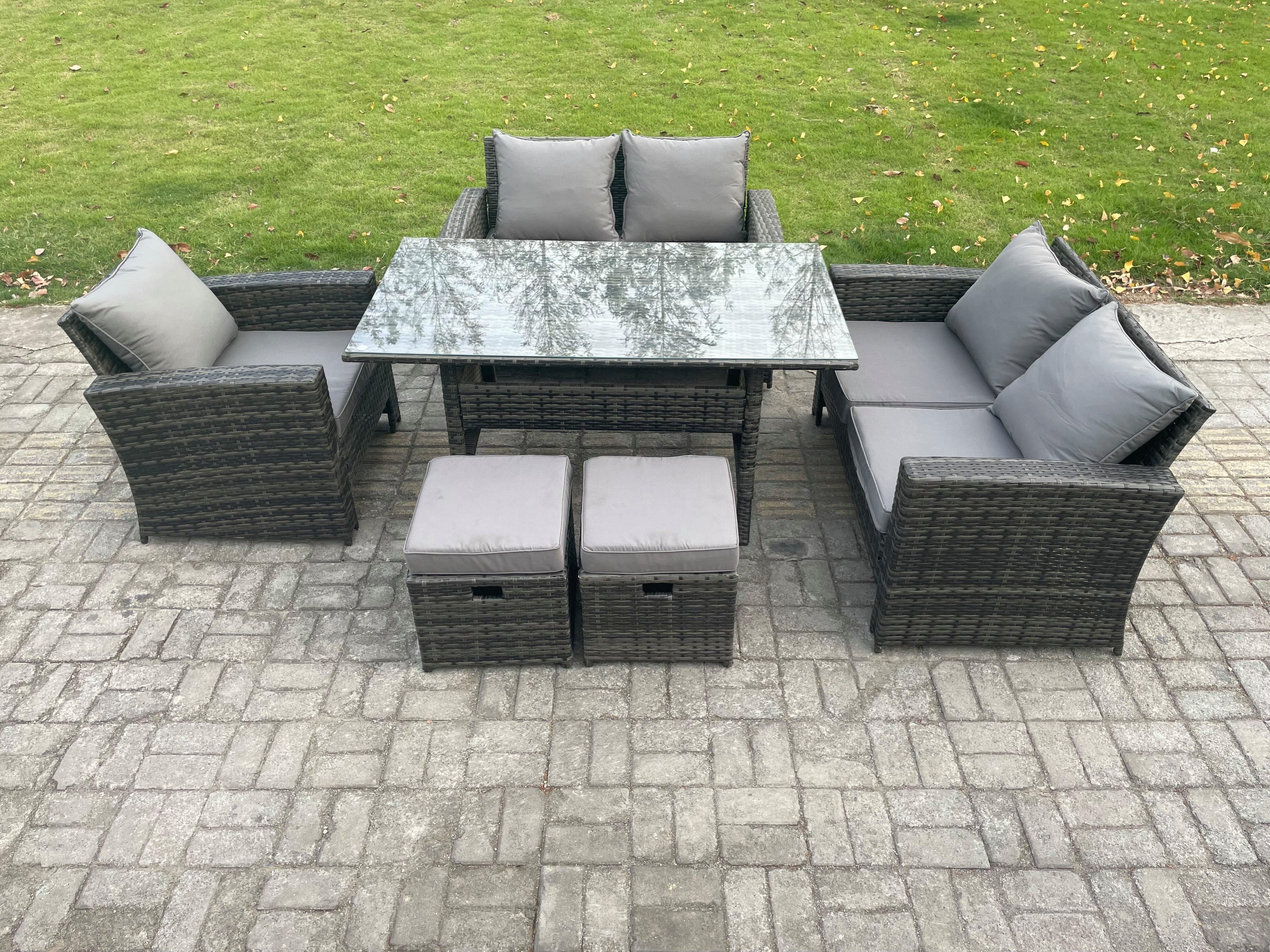 Wicker Rattan Garden Dining Set Outdoor Furniture Sofa Dining Table Double Seat Sofa 2 Small Footstools Dark Grey Mixed