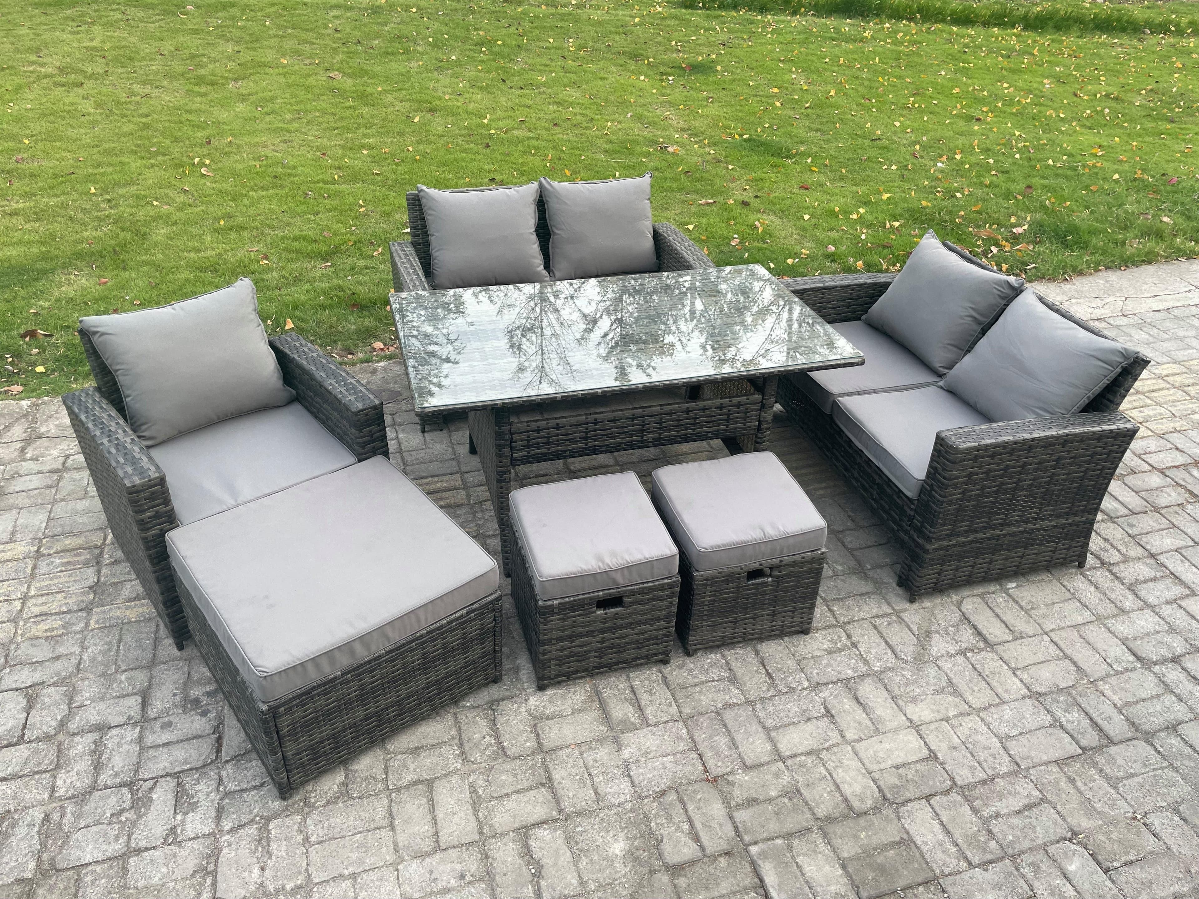 8 Seater Outdoor Garden Dining Set Wicker PE Rattan Furniture Sofa Dining Table Double Seat Sofa Dark Grey Mixed