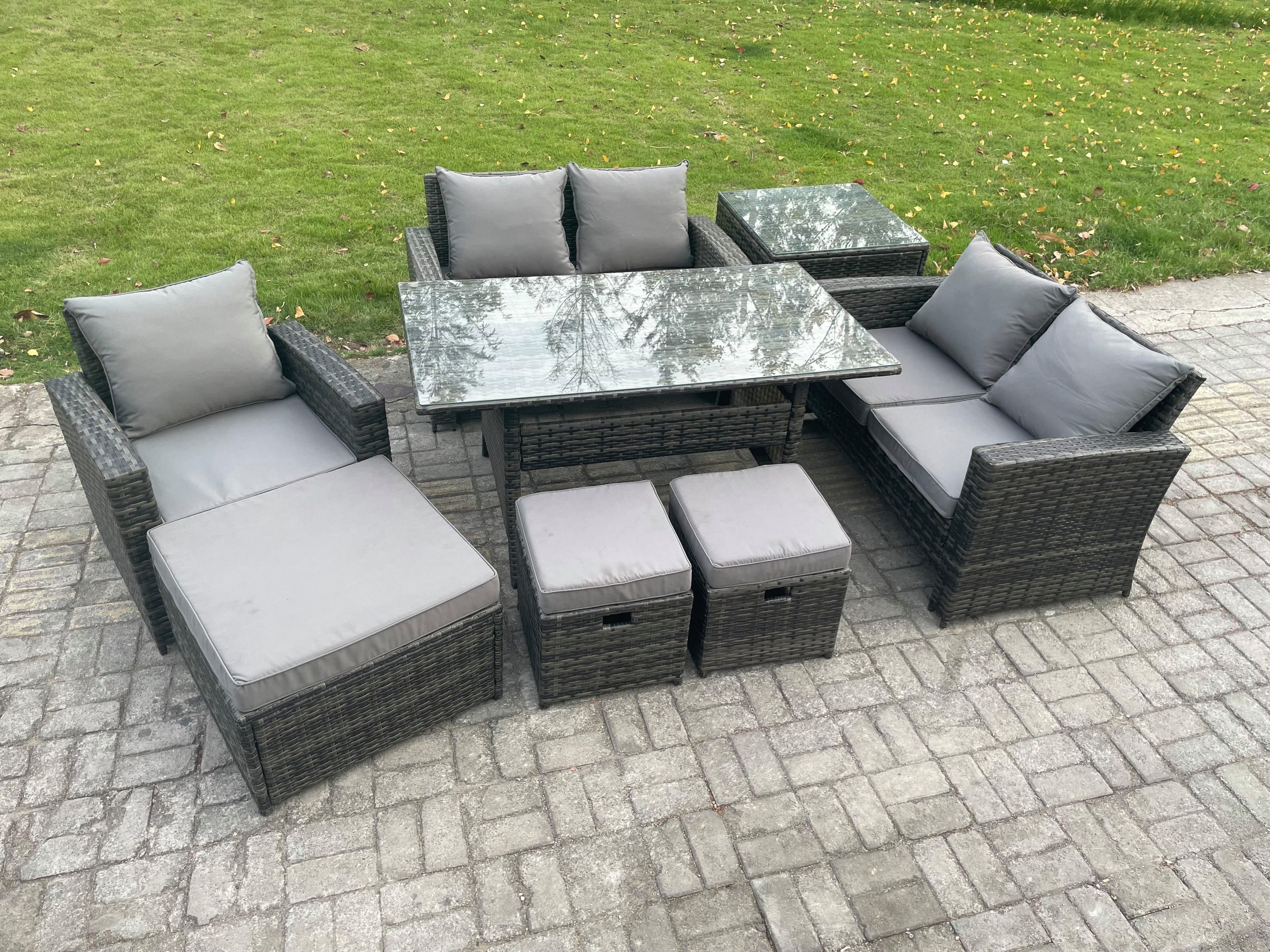 8 Seater Outdoor Garden Dining Set Wicker PE Rattan Furniture Sofa Dining Table Double Seat Sofa Side Table 3 Footstools