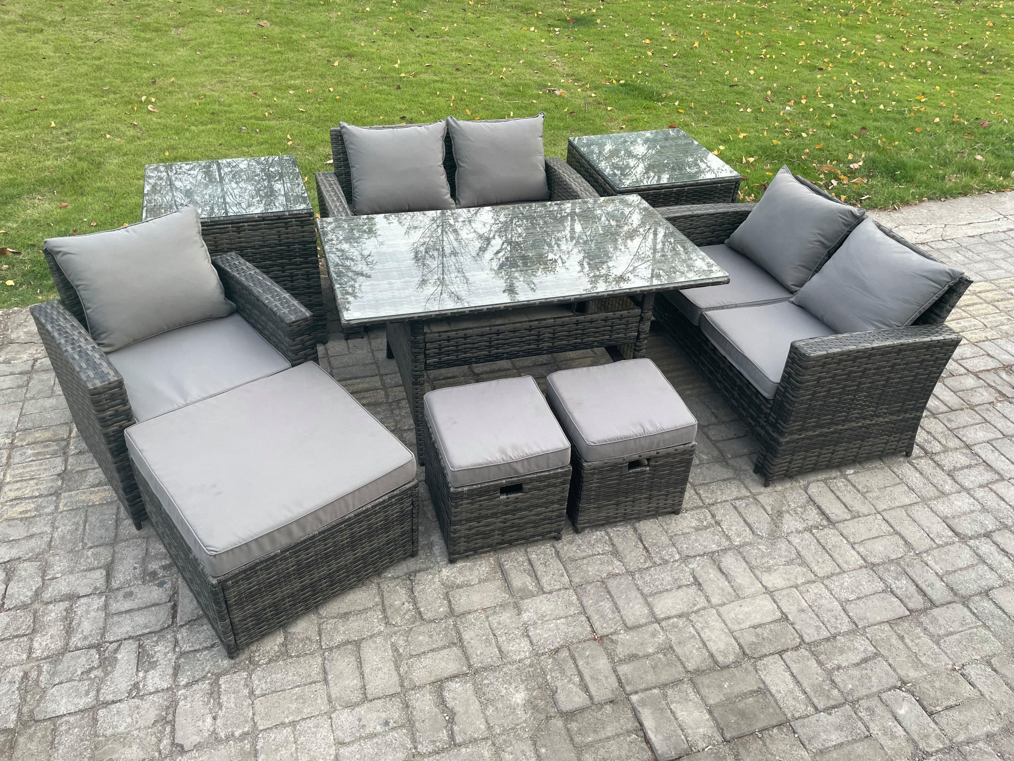 Outdoor Garden Dining Set Wicker PE Rattan Furniture Sofa Dining Table Double Seat Sofa 2 Side Tables 3 Footstools Dark Grey Mixed
