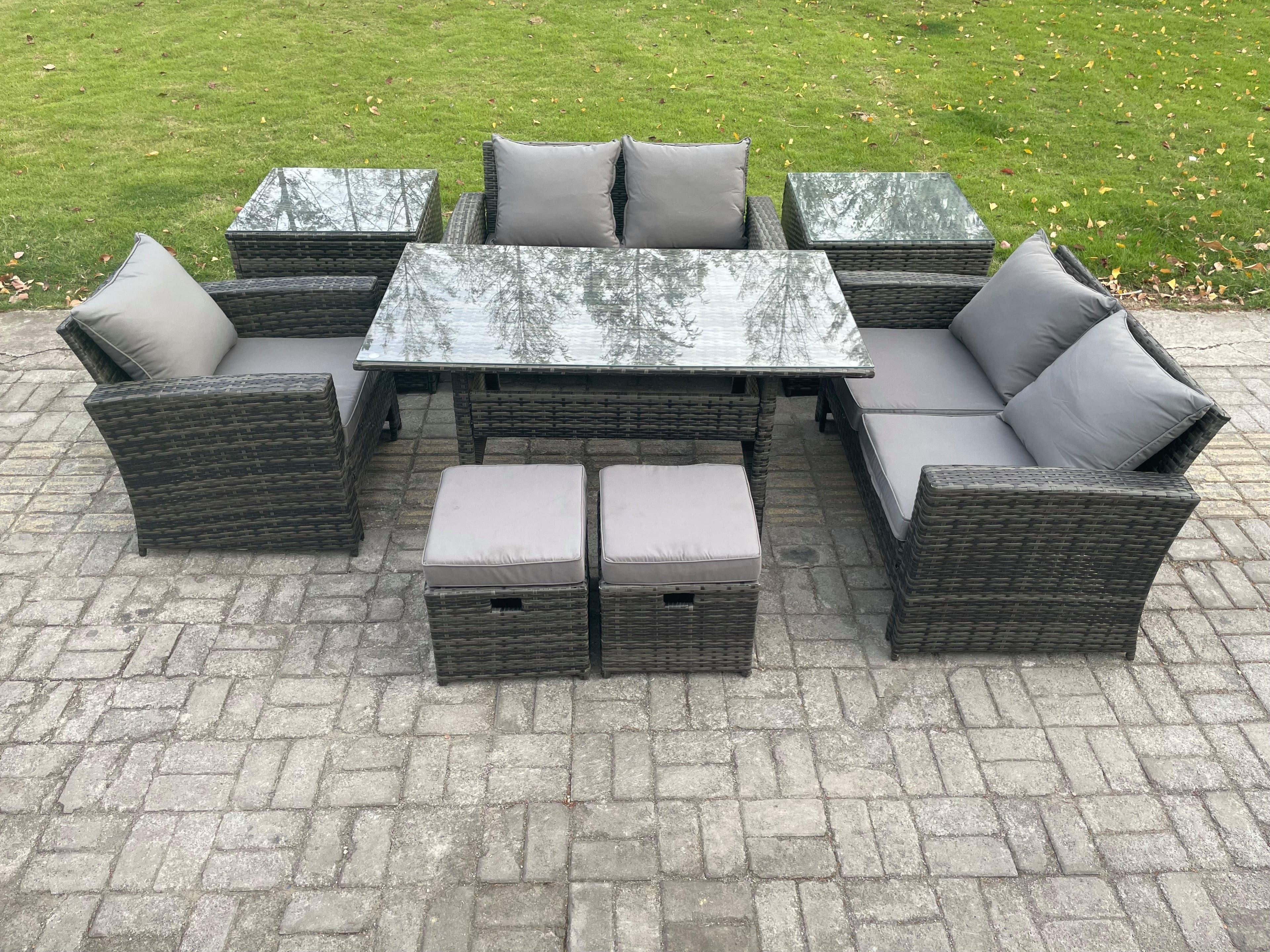 Outdoor Garden Dining Set Wicker PE Rattan Furniture Sofa Dining Table Double Seat Sofa 2 Side Tables 2 Small Footstools