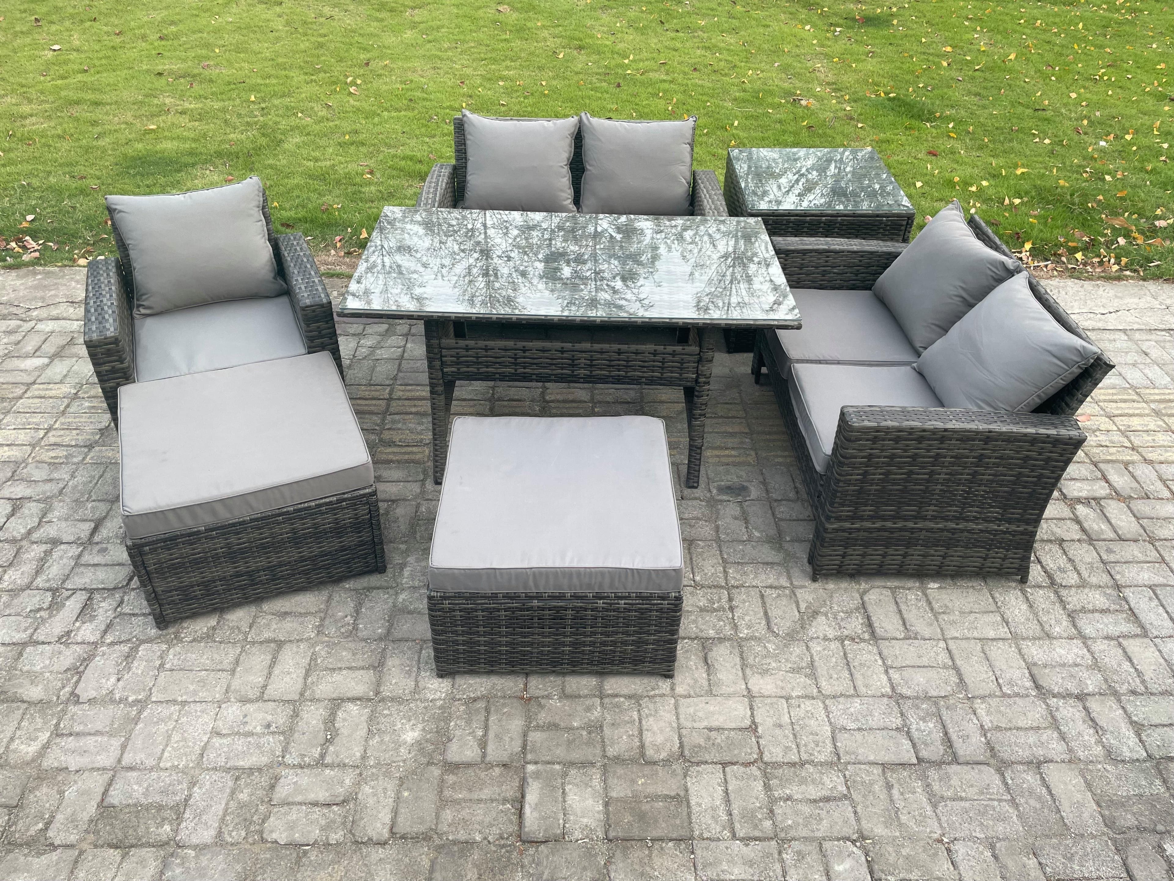 Outdoor Garden Dining Set Wicker PE Rattan Furniture Sofa Dining Table Double Seat Sofa Side Table 2 Big Footstool Dark Grey Mixed