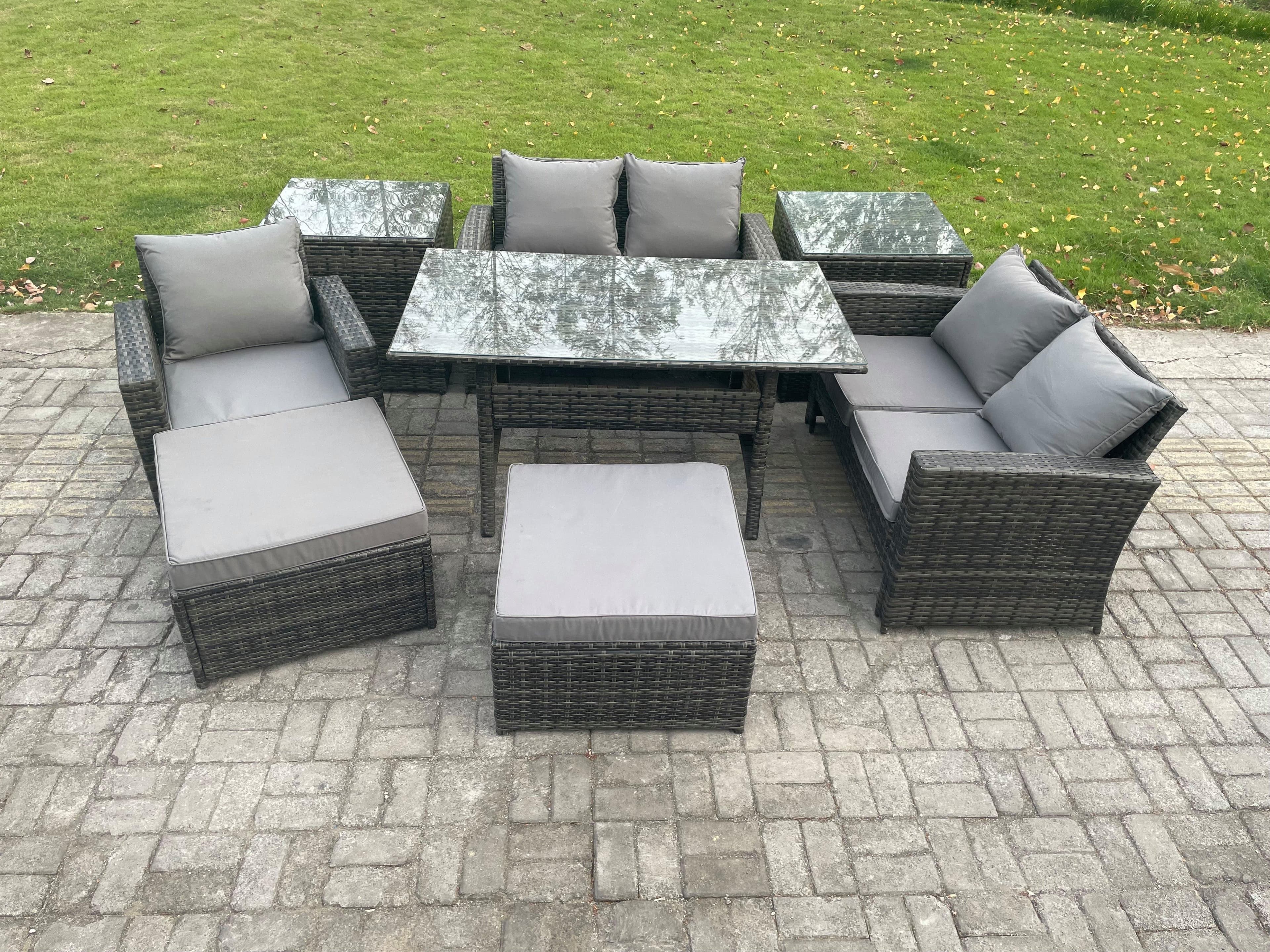 Outdoor Garden Dining Set Wicker PE Rattan Furniture Sofa Dining Table Double Seat Sofa 2 Side Tables 2 Big Footstool