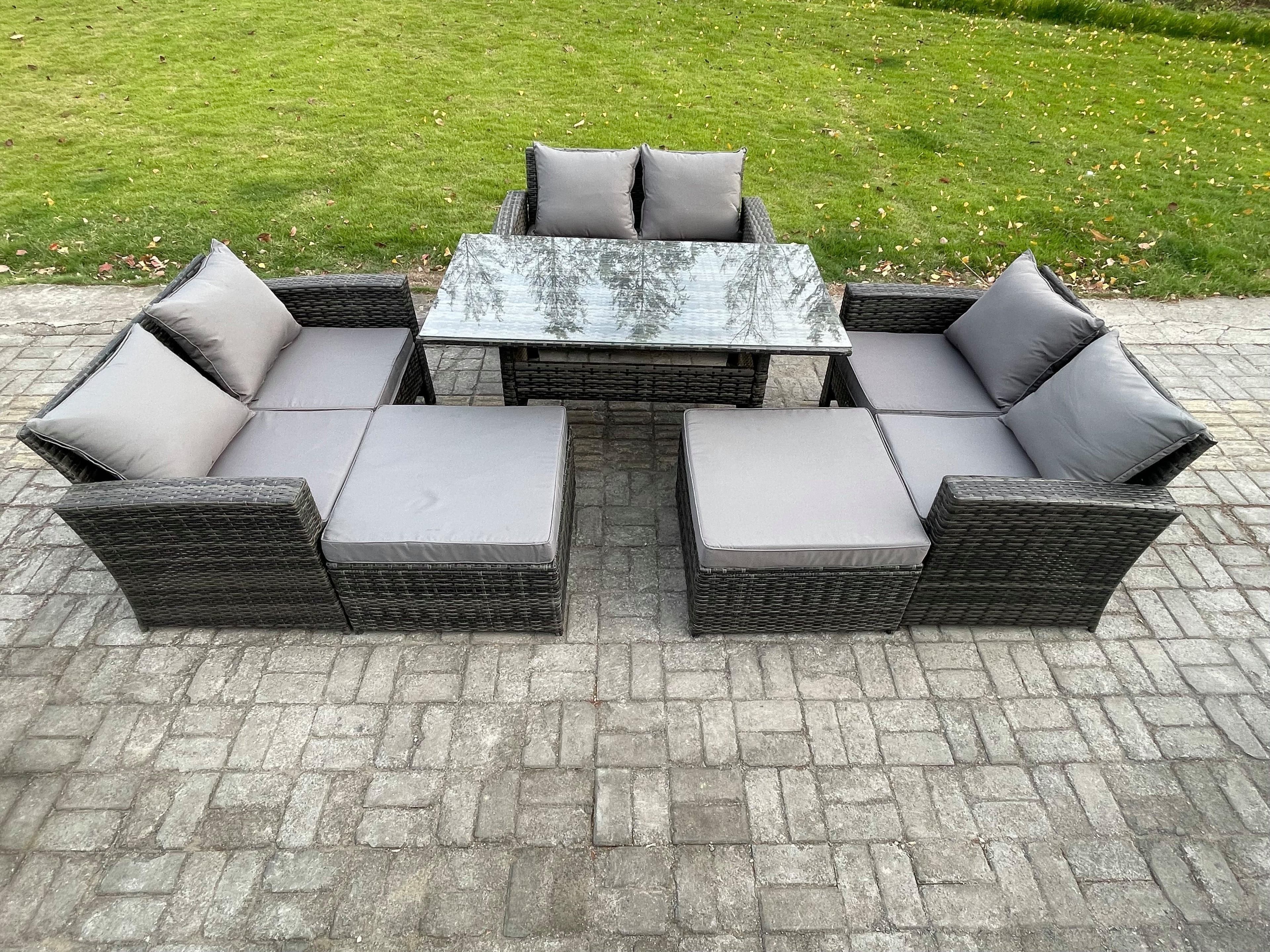 High Back Outdoor Garden Furniture Rattan Sofa Dining Table Set 2 Big Footstool Dark Grey Mixed
