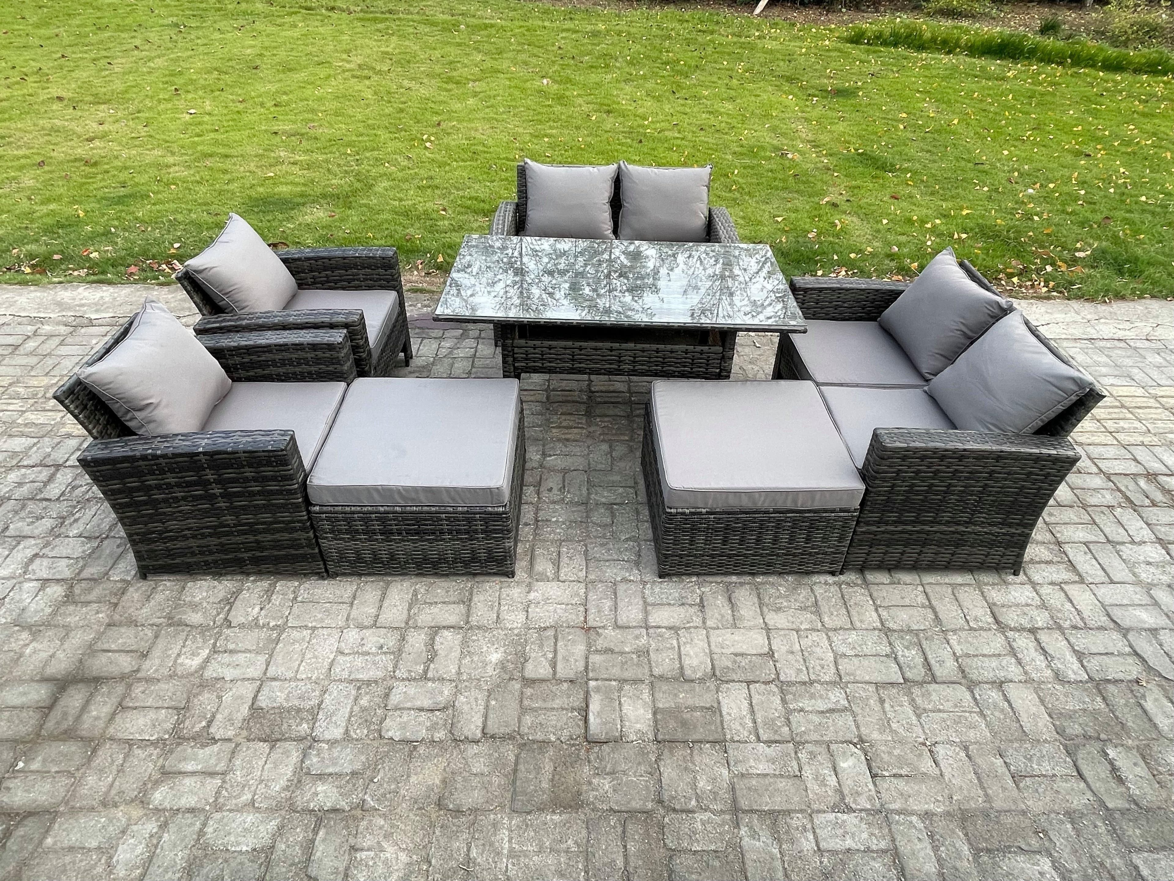 8 Seater High Back Outdoor Garden Furniture Rattan Sofa Dining Table Set Armchair 2 Big Footstool Dark Grey Mixed