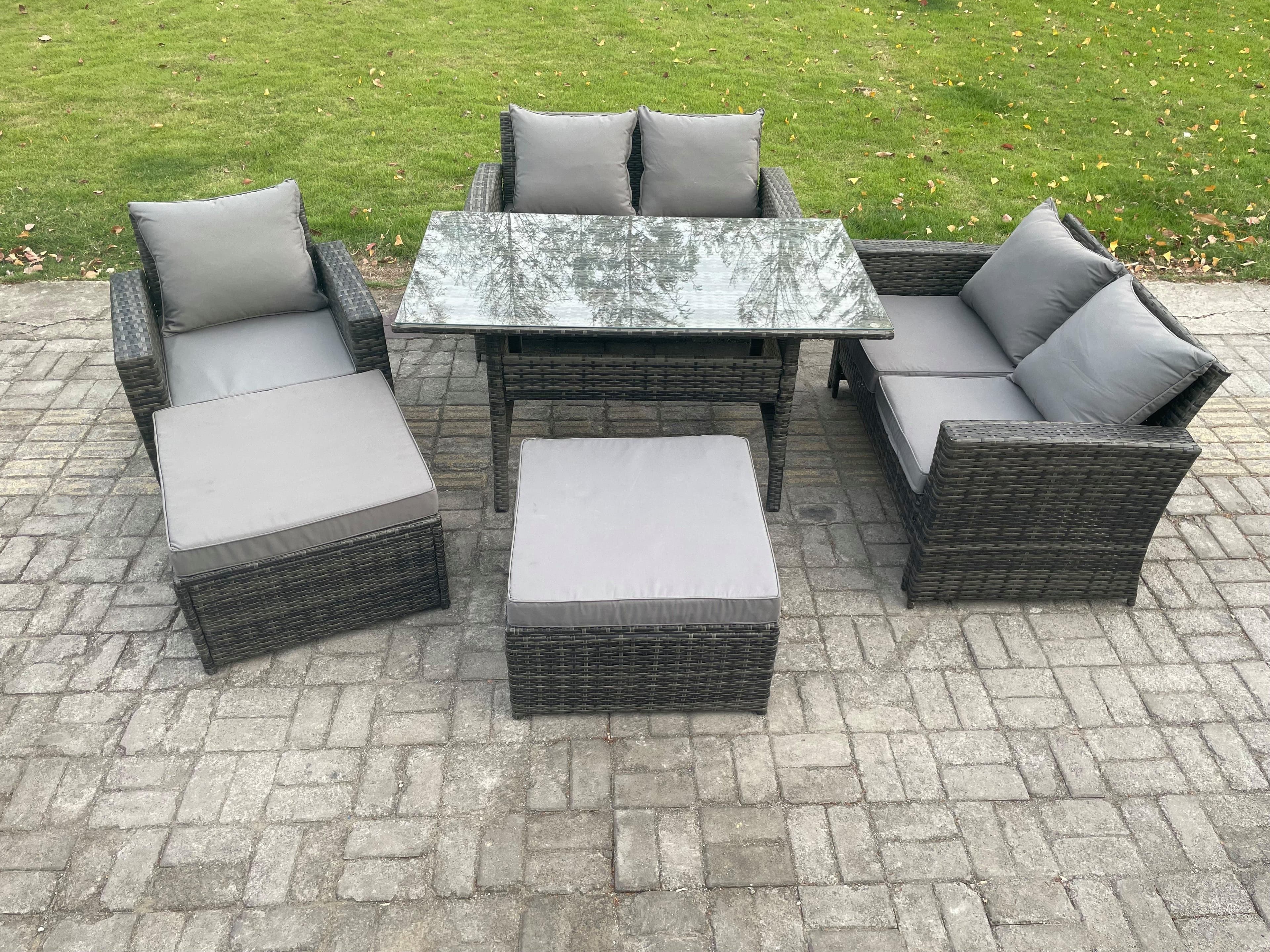 High Back Outdoor Garden Furniture Rattan Sofa Dining Table Set Armchair 2 Big Footstool Dark Grey Mixed
