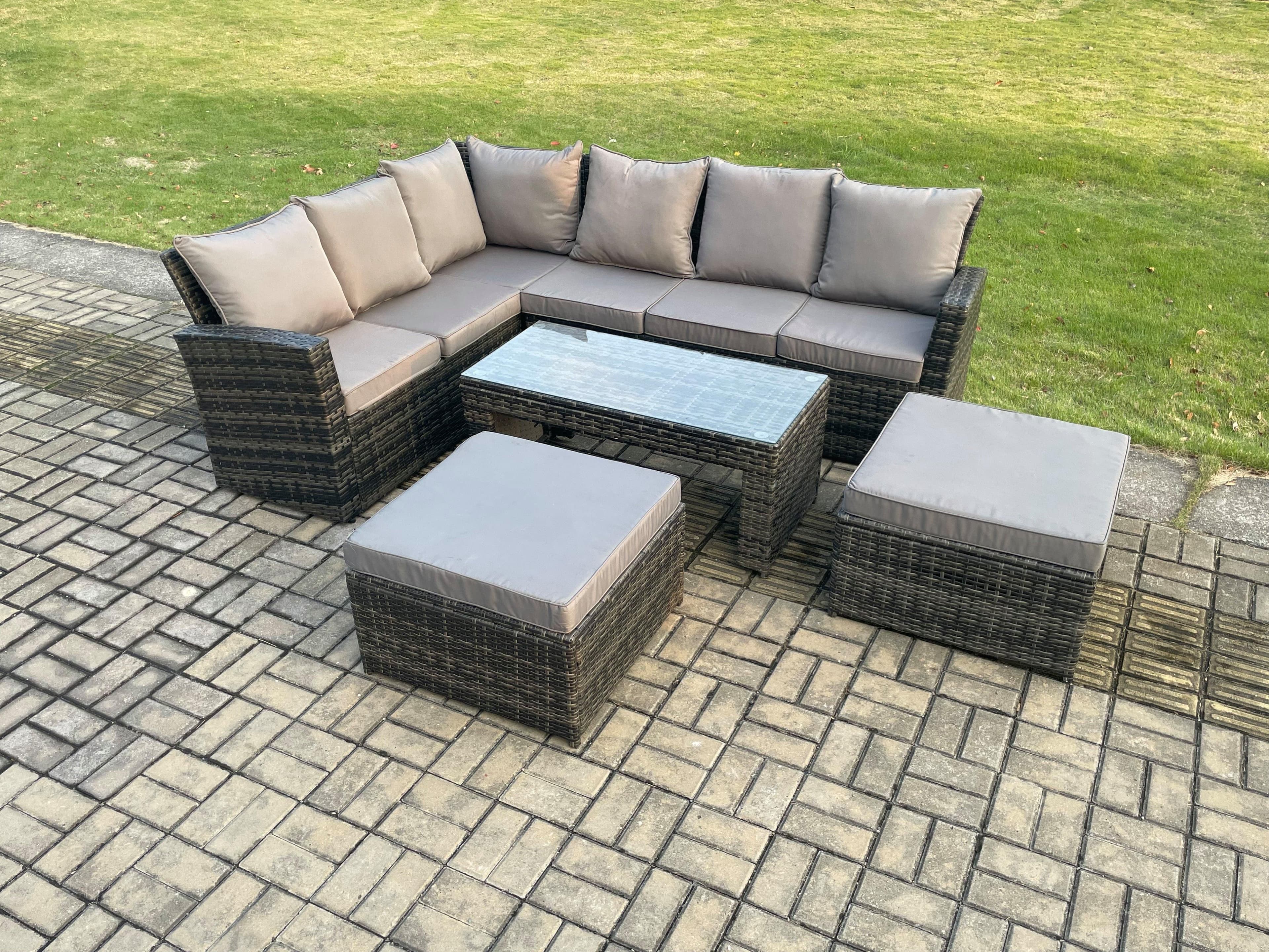 Outdoor Furniture Garden Dining Set Rattan Corner Sofa Set 2 Big Footstool Dark Grey Mixed